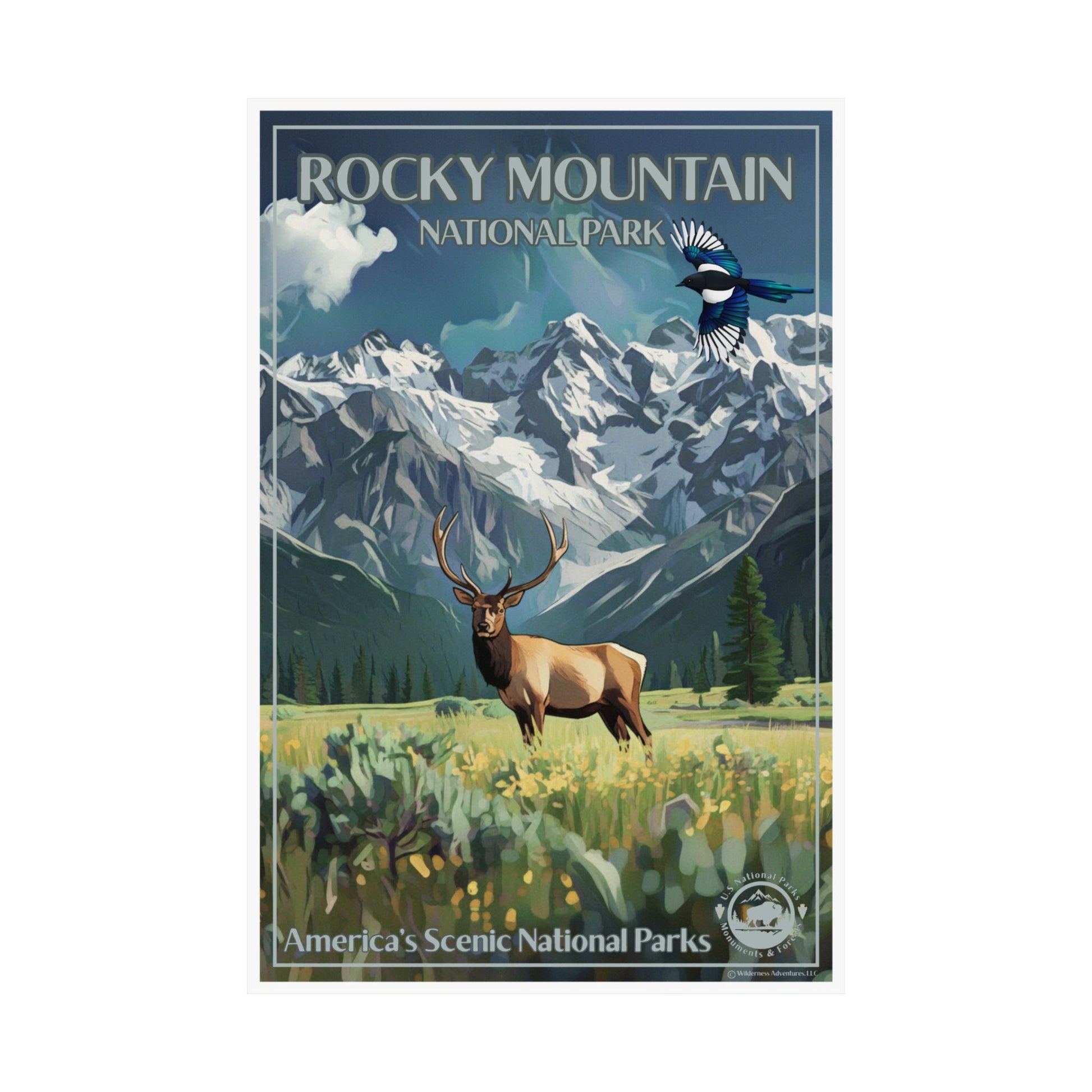 Poster of Rocky Mountain National Park with mountains, elk, and a bird.
