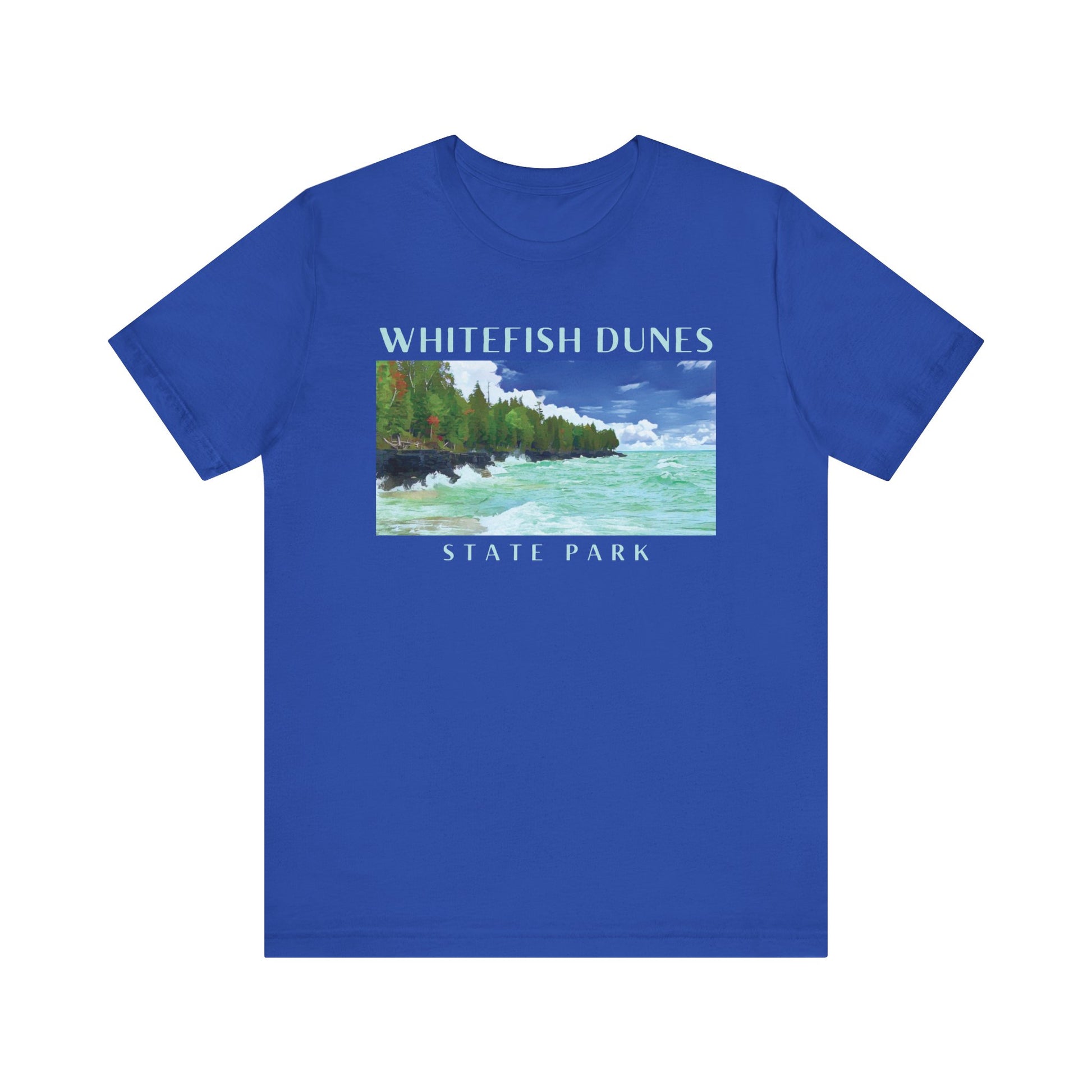 True royal t-shirt with a scenic graphic and 'Whitefish Dunes State Park' text on a white background