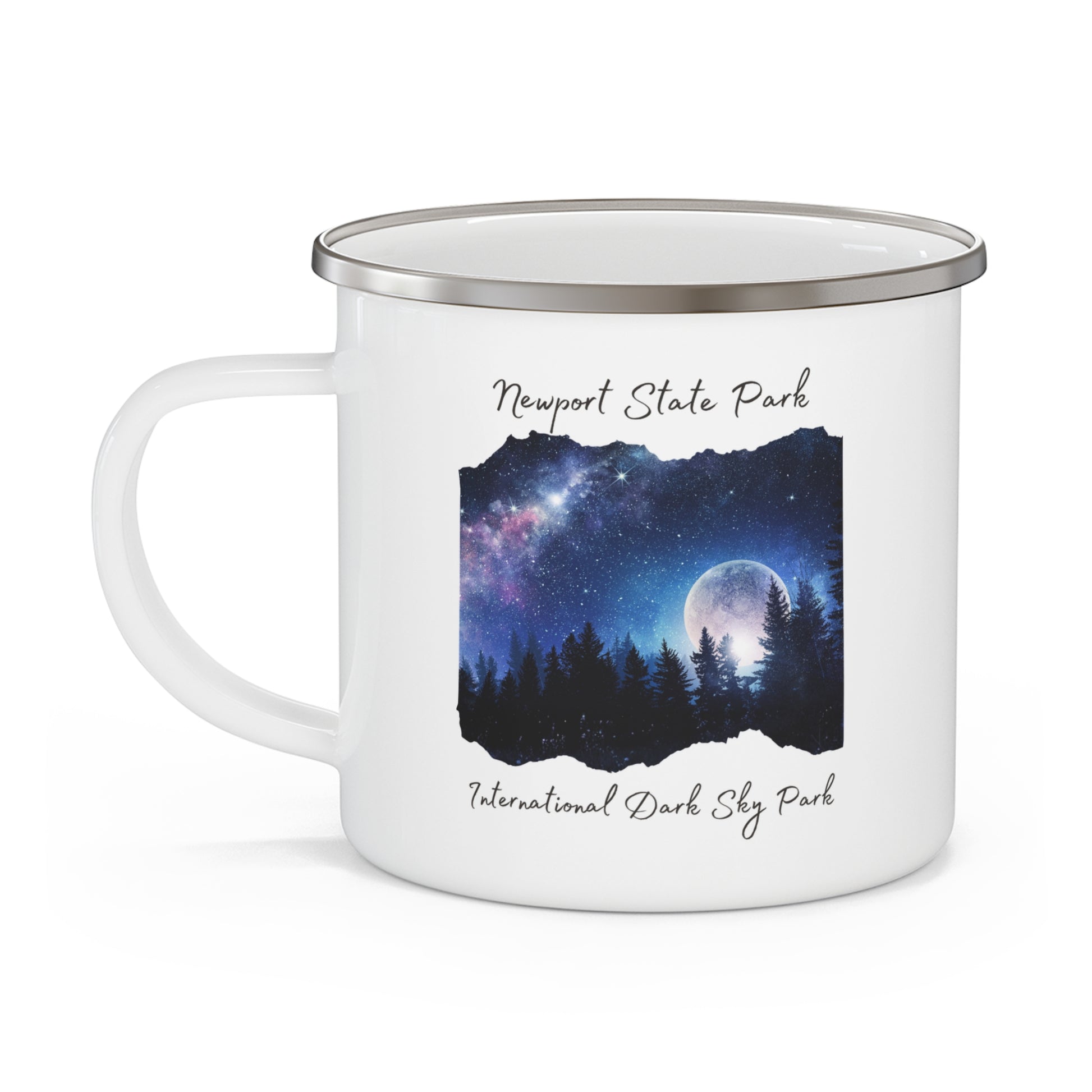 White mug with a design of a forest and moon, with the text 'Newport State Park International Dark Sky Park'.