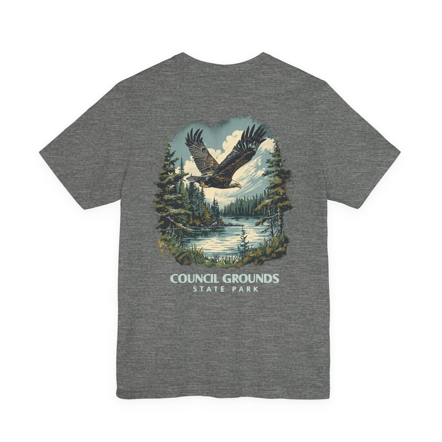Gray t-shirt with a eagle graphic and 'Council Grounds State Park' text on a white background