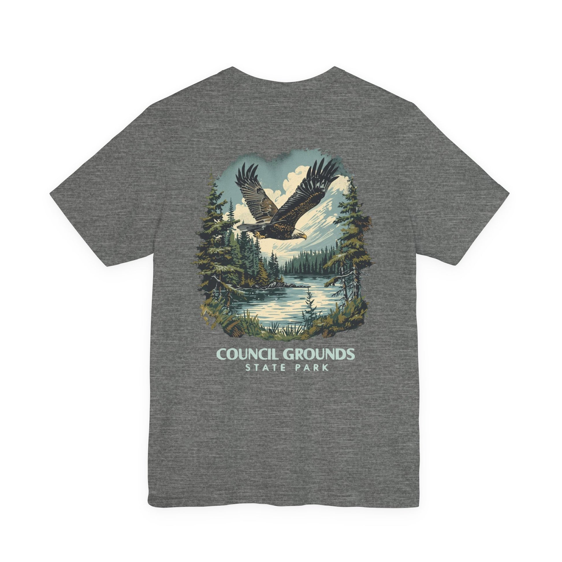 Gray t-shirt with a eagle graphic and 'Council Grounds State Park' text on a white background