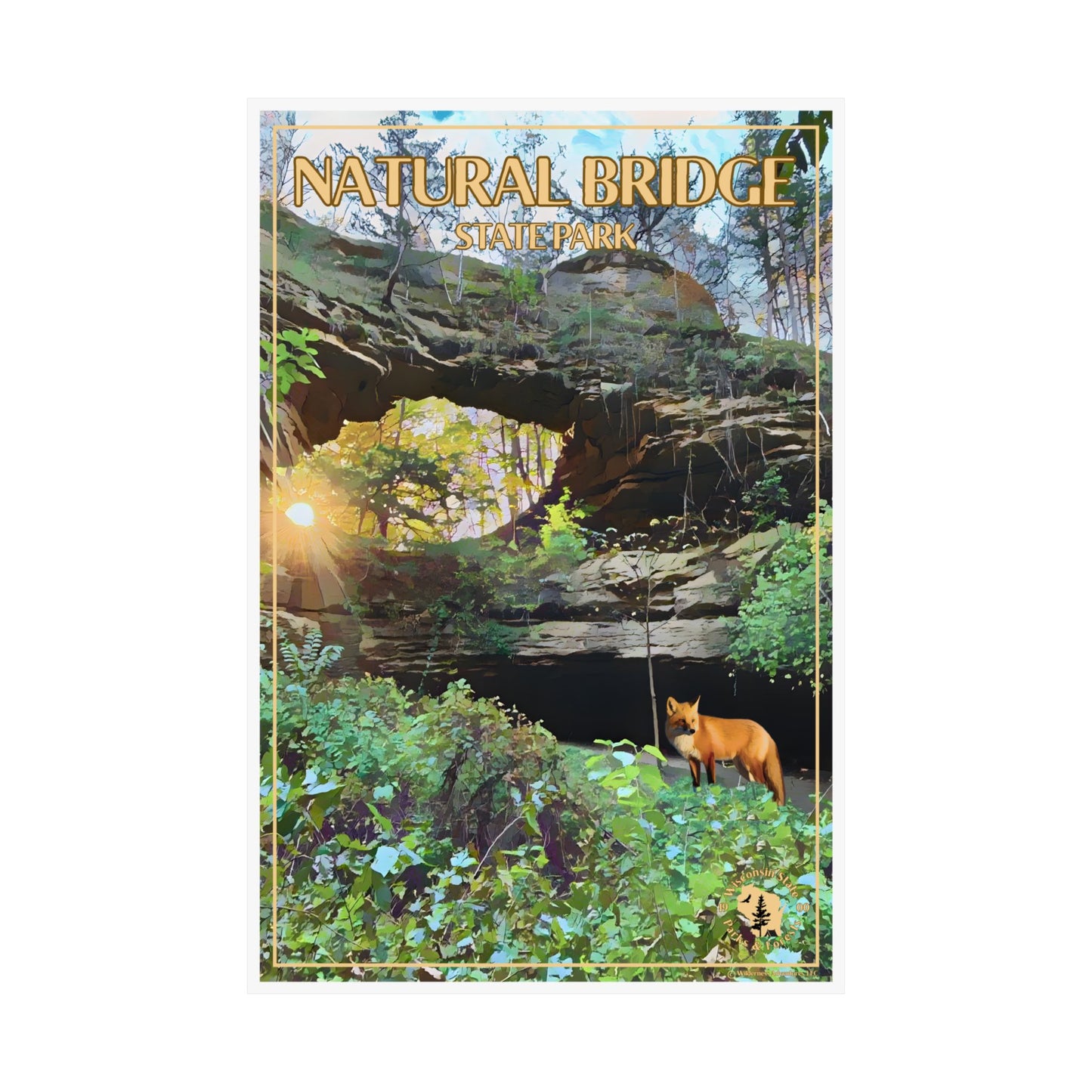 12x18“ natural bridge poster depicting, a natural stone, arch, lush greenery, and a red fox