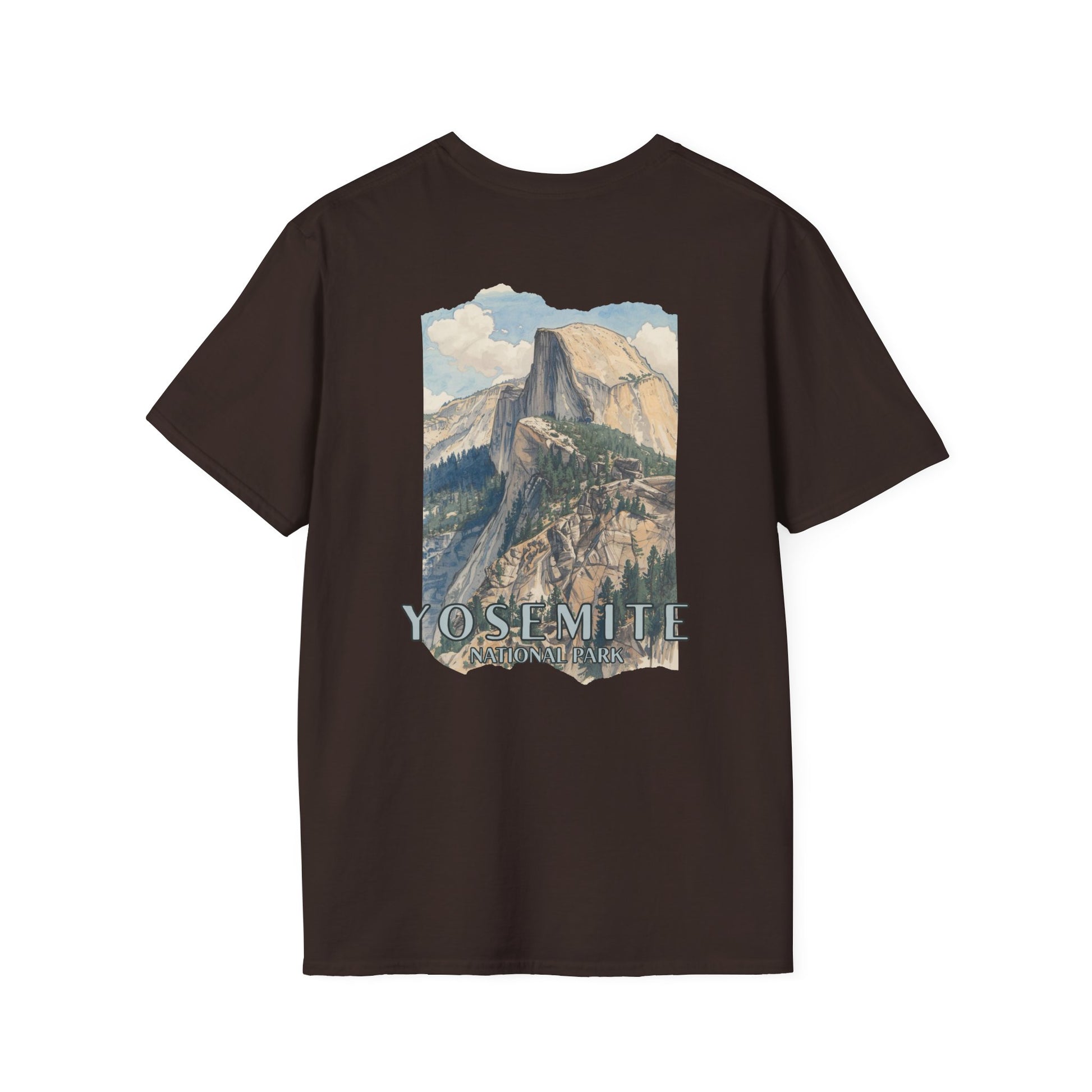 Brown t-shirt with Yosemite National Park graphic on a white background