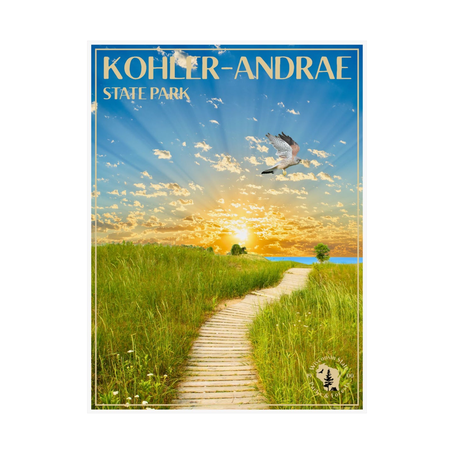 18x24” Poster featuring a vibrant sunrise over Lake Michigan and the Sand dunes of Kohler-Andrae State Park, with a Kestrel flying above.