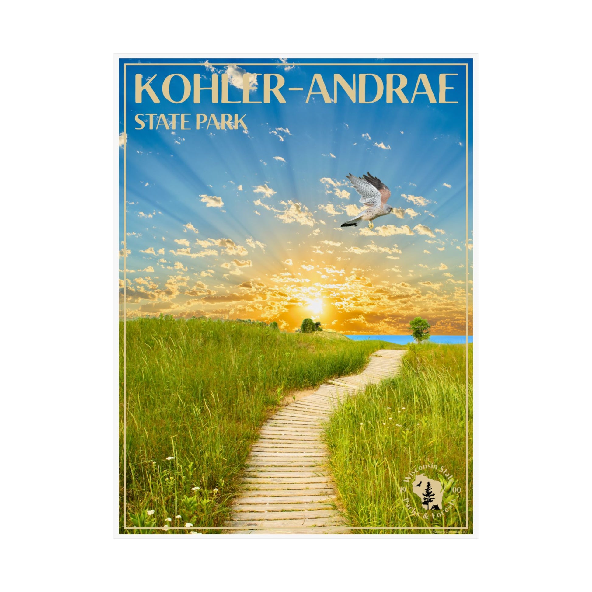 18x24” Poster featuring a vibrant sunrise over Lake Michigan and the Sand dunes of Kohler-Andrae State Park, with a Kestrel flying above.