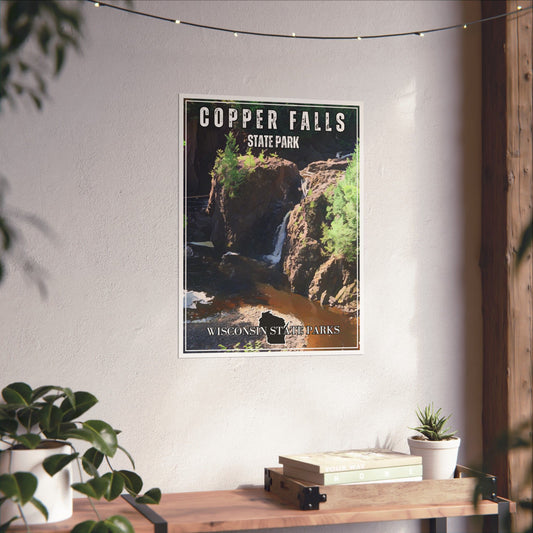 CCC inspired poster design of Copper Falls in Copper Falls State Park.