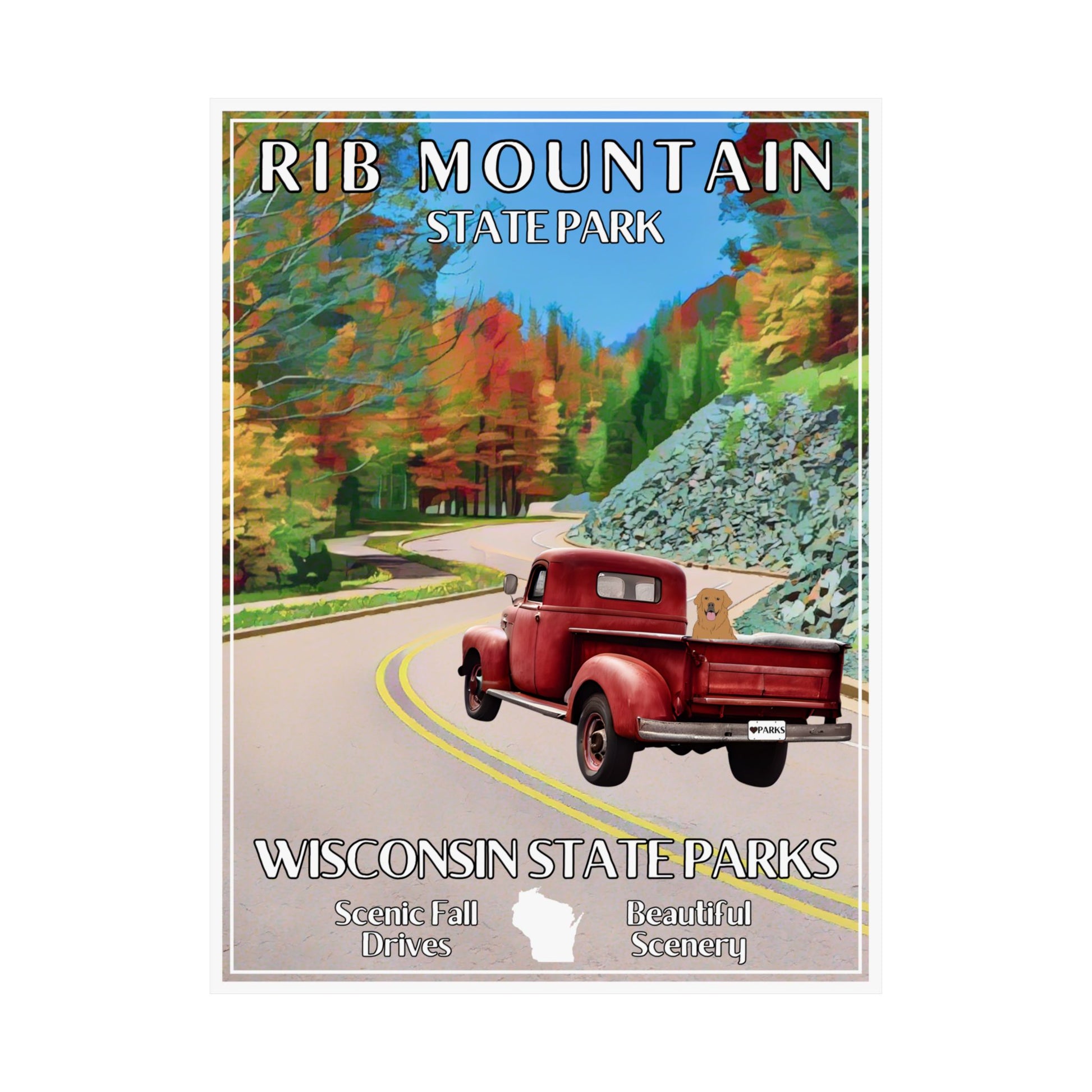 18x24” poster depicting a vintage red truck with a dog in the back driving up a curvy road lined with trees in vibrant color.