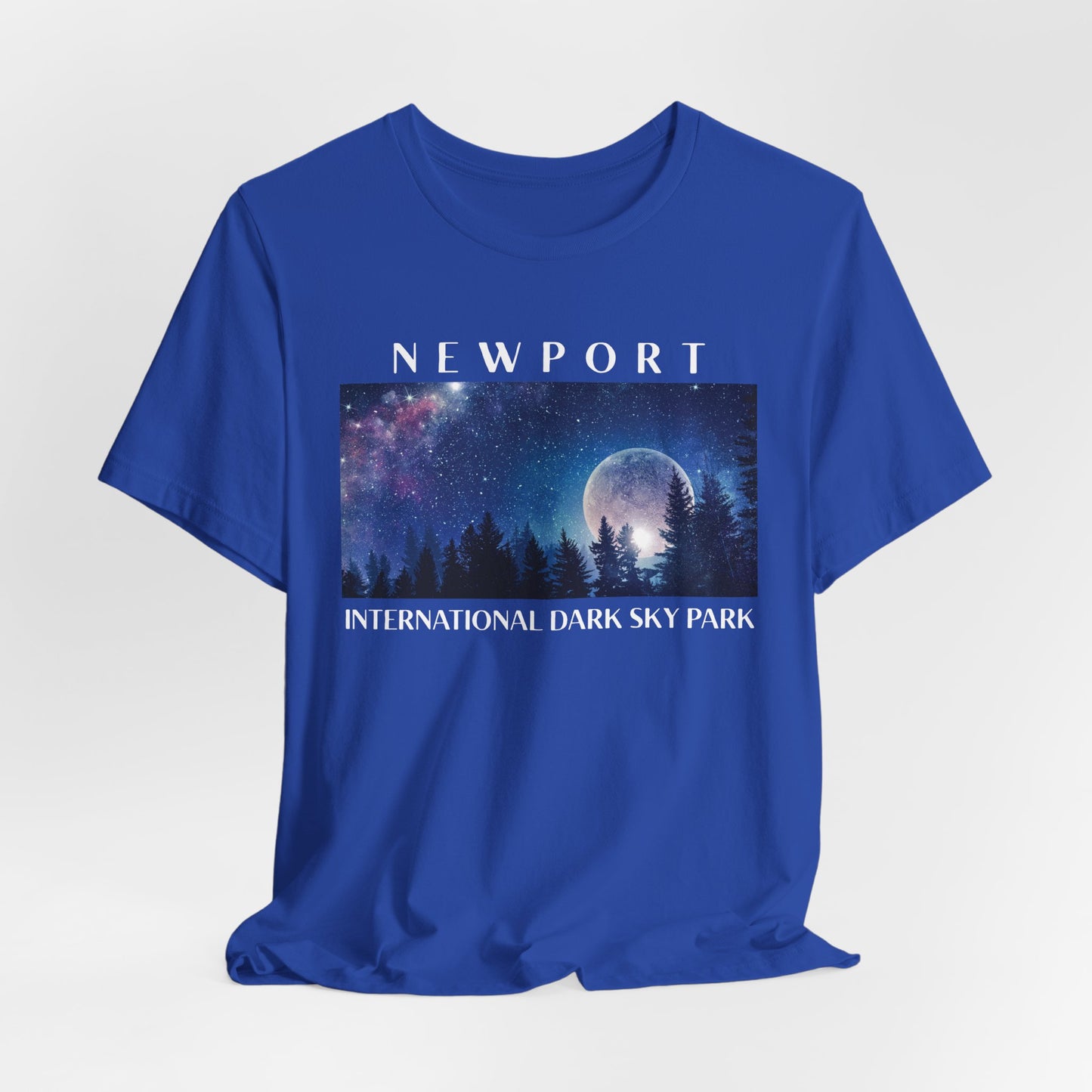 True royal t-shirt with a graphic of a night sky over trees and the text 'Newport International Dark Sky Park' on a white background.
