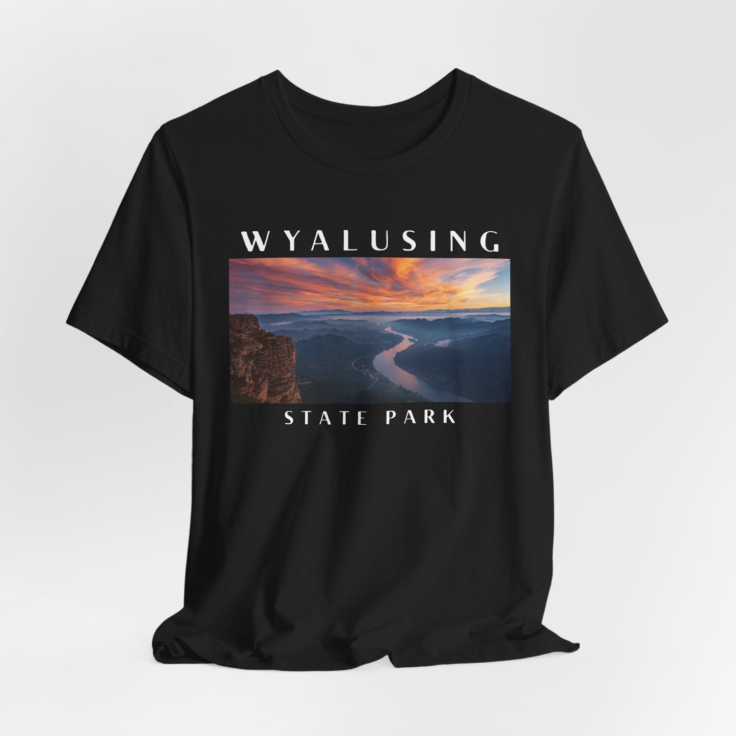 Black t-shirt with Wyalusing State Park graphic on a white background