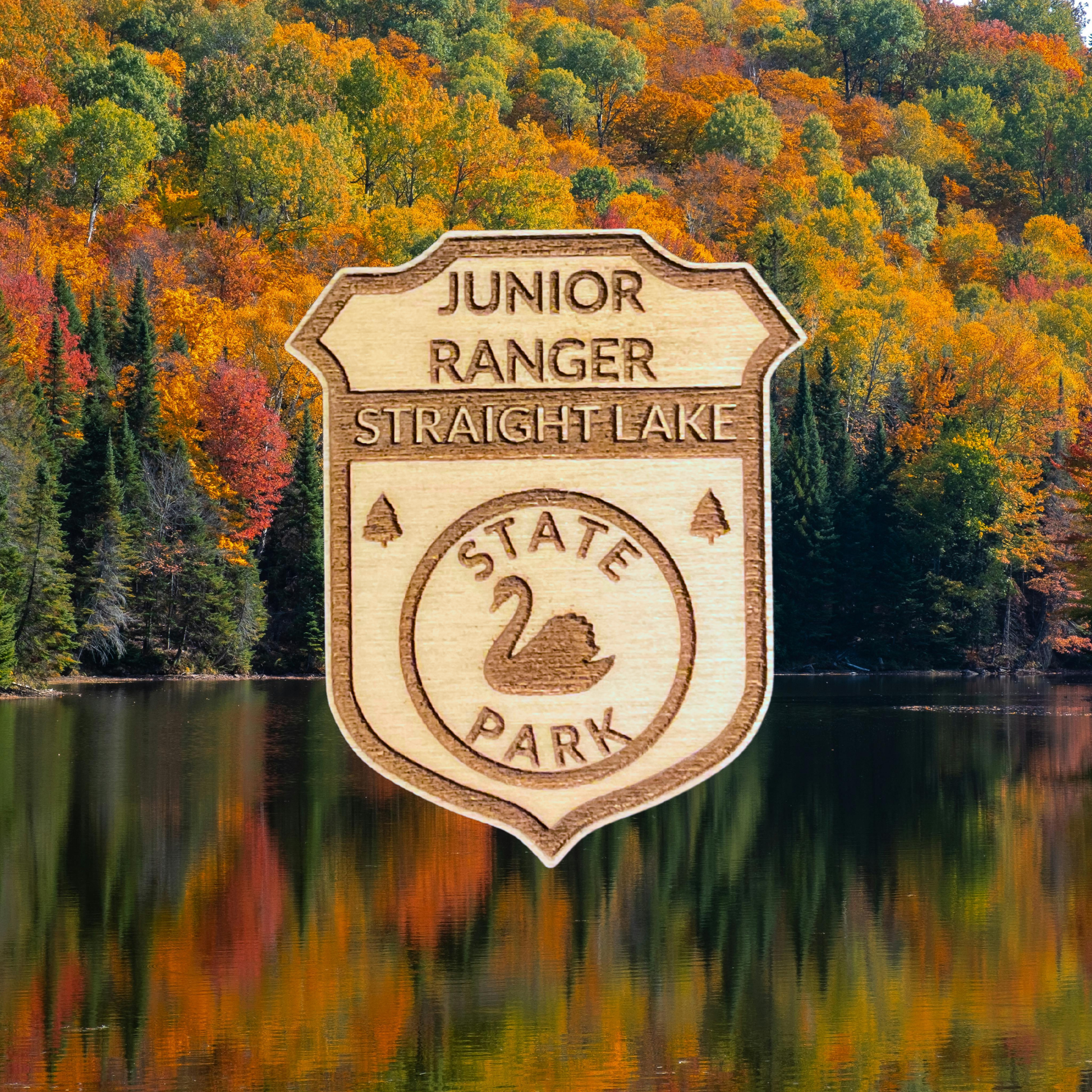 Wood Junior Ranger Badge featuring a swan icon with the text: Junior Ranger Straight Lake State Park.  Photo background: Autumn trees along a calm lake.
