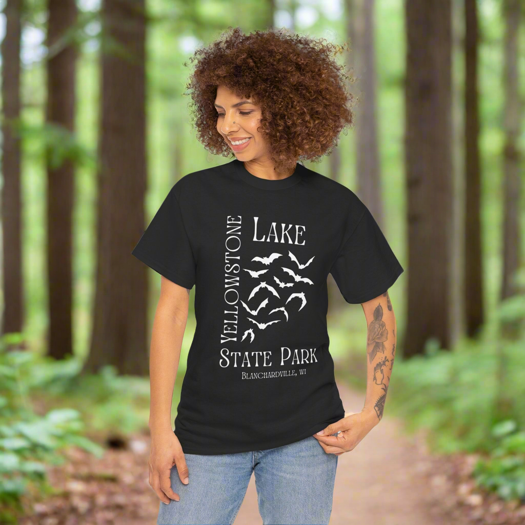 Yellowstone Lake bat design tee shirt front.