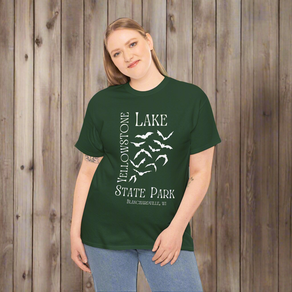 Yellowstone Lake bat design tee shirt front.