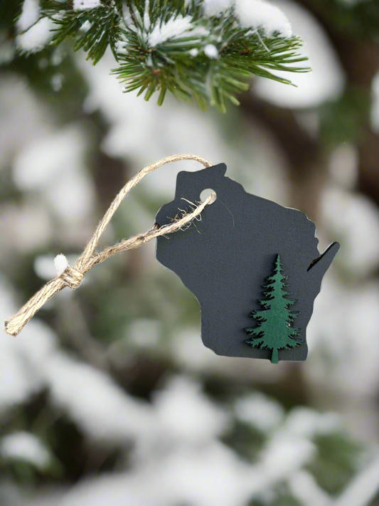 Black Wisconsin Shaped ornament with a green pine tree icon.