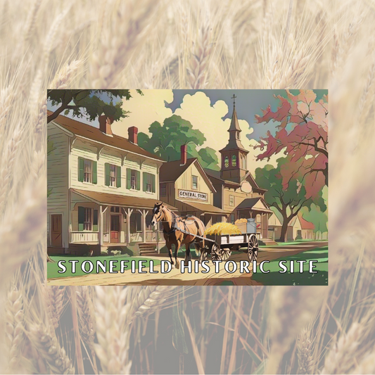 Button magnet featuring a design of an old Wisconsin town and a horse drawn wagon with the text: Stonefield Historic Site.  Photo background: close up view of wheat. 