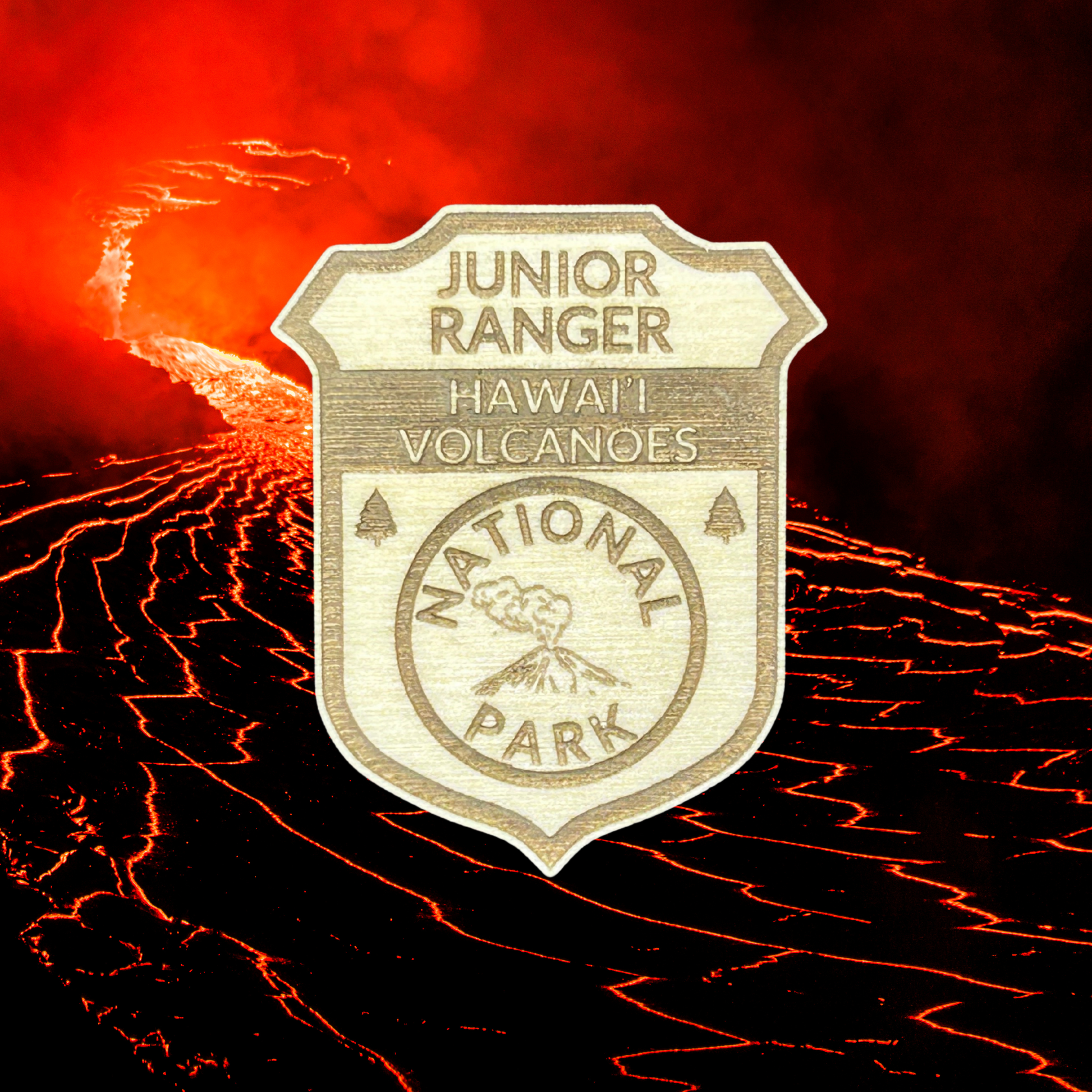 Junior Ranger badge for Hawaii Volcanoes National Park on a lava background