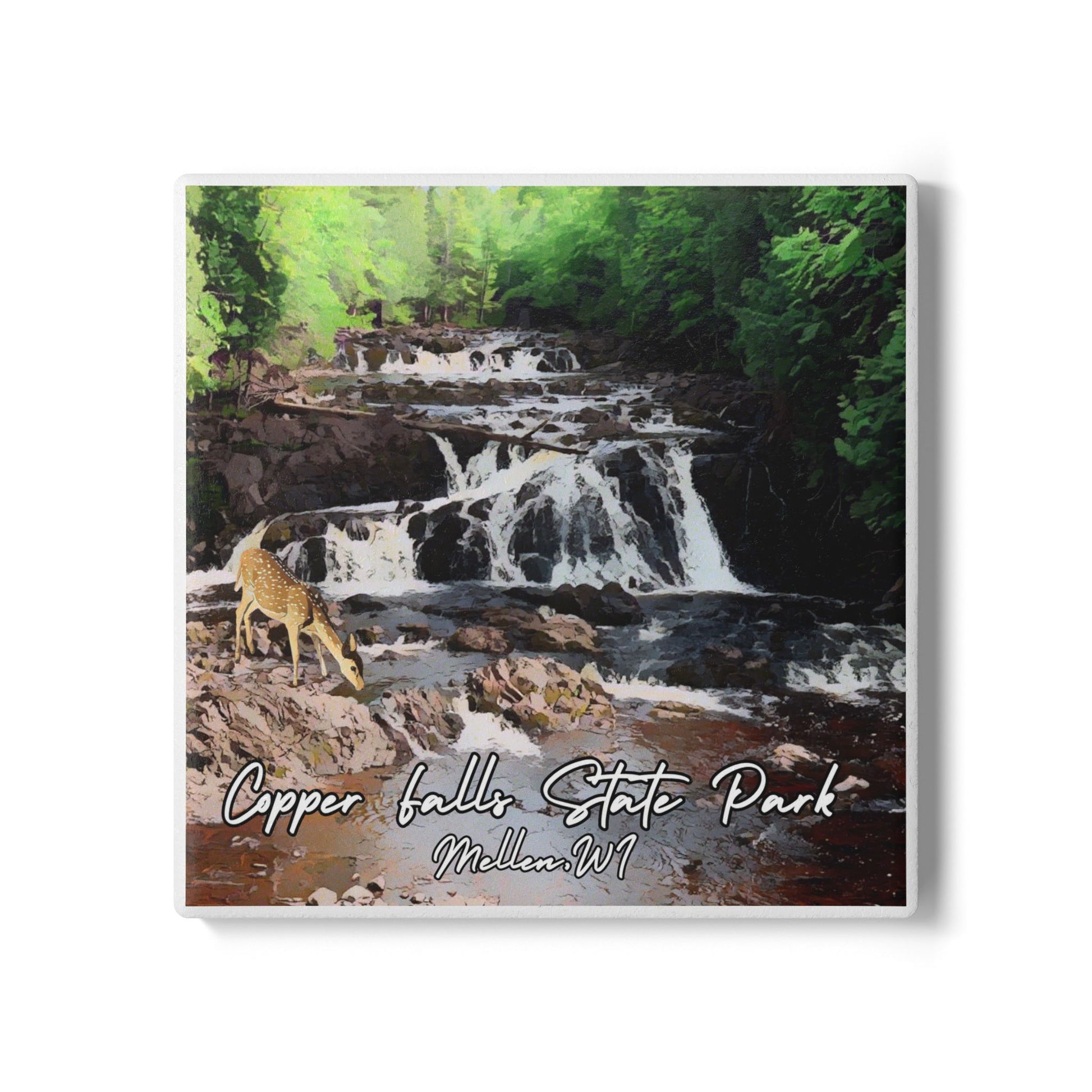 Ceramic coaster featuring a fawn deer drinking from the Tyler Forks Cascades. 