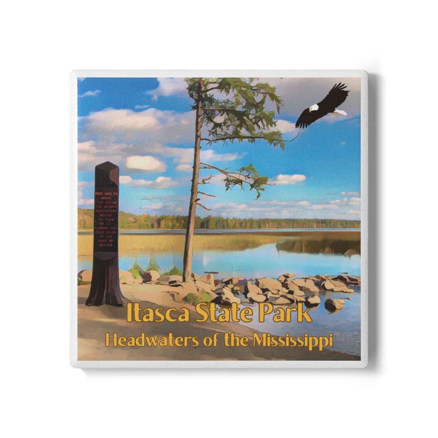Ceramic coaster of Itasca State Park with a lake, tree, and eagle.