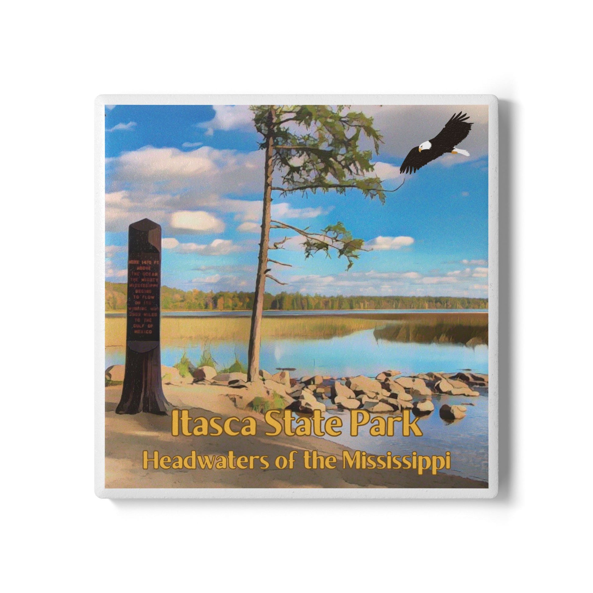 Ceramic coaster of Itasca State Park with a lake, tree, and eagle.