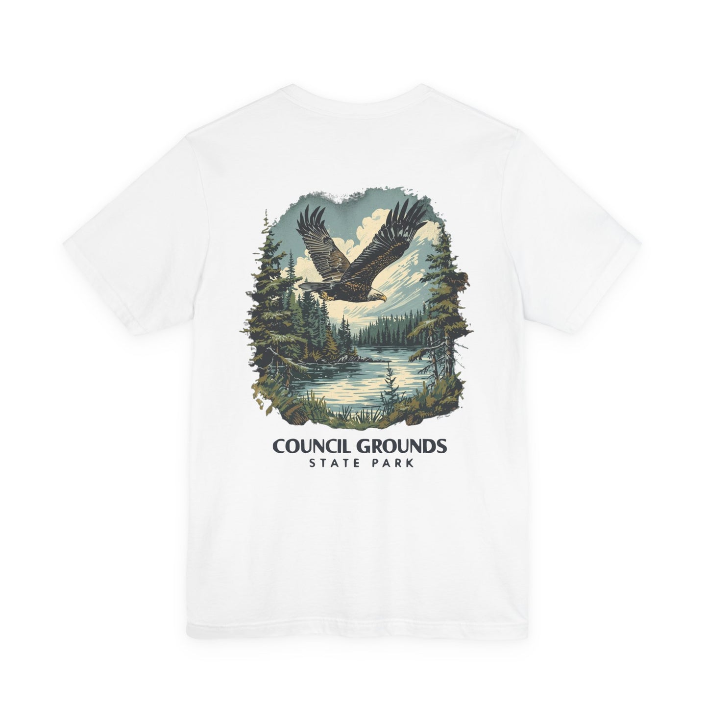 White t-shirt with a eagle graphic and 'Council Grounds State Park' text on a white background
