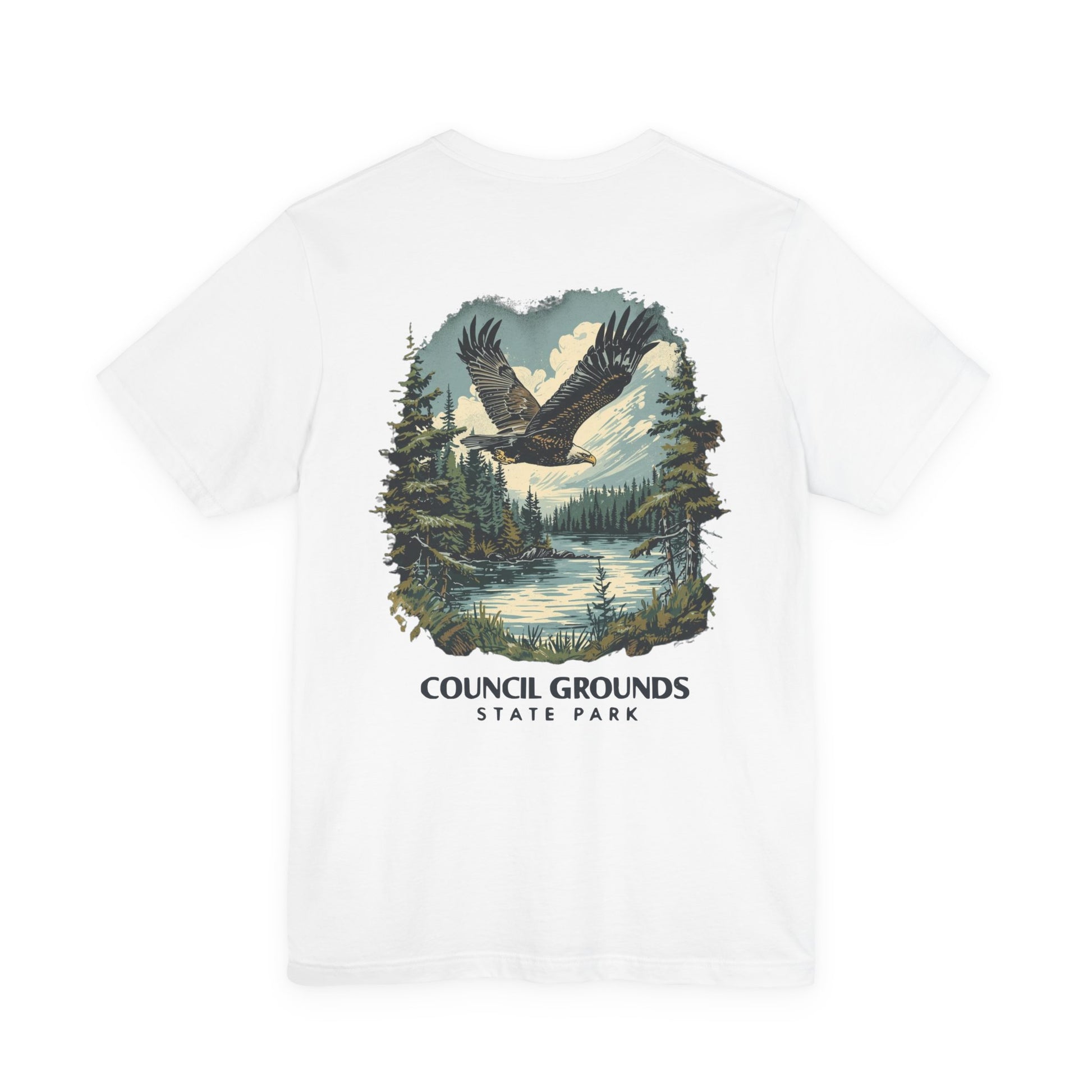 White t-shirt with a eagle graphic and 'Council Grounds State Park' text on a white background