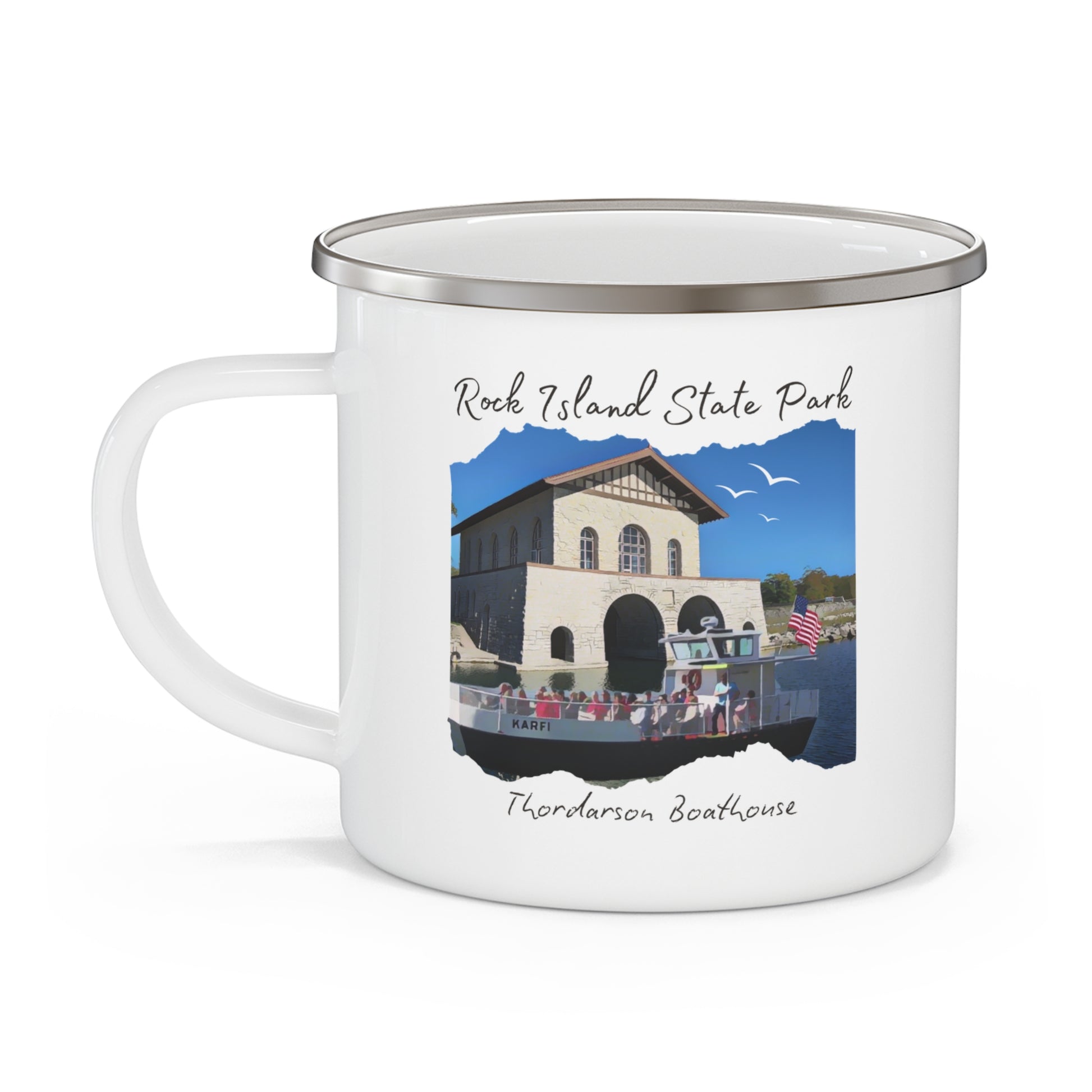 White enamel campfire mug depicting a scene of a ferry boat pulling up to the stone boat house on Rock Island. 