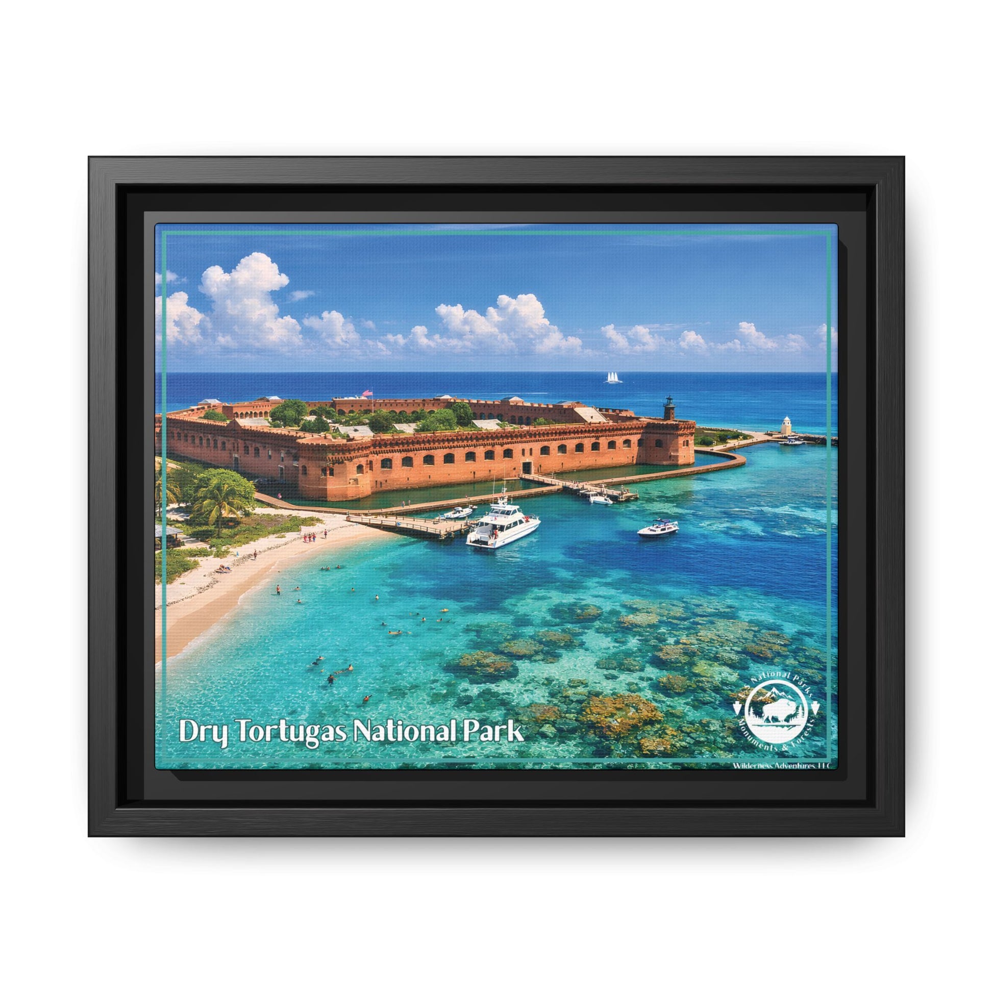 Black Framed print of Dry Tortugas National Park with a scenic view of a fort, beach, and boats.