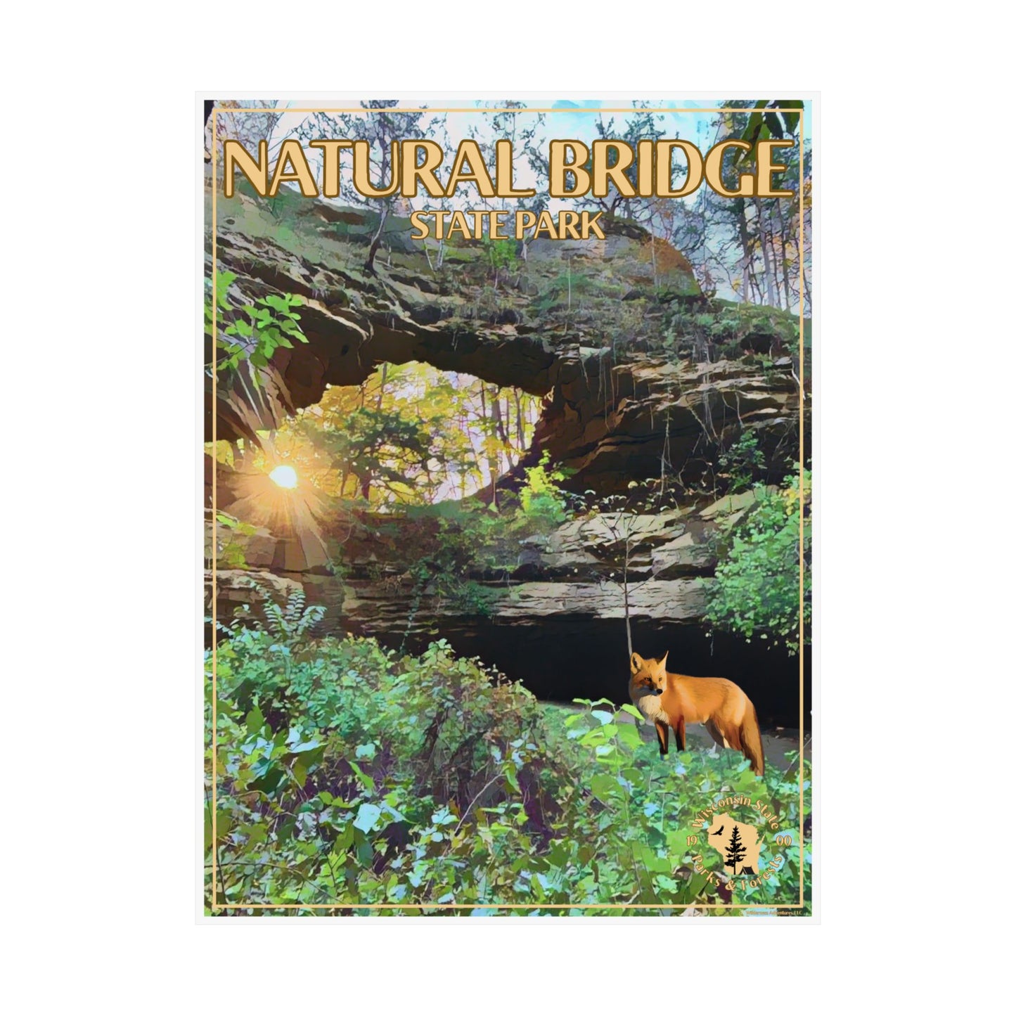 18 x 24“ natural bridge poster depicting, a natural stone, arch, lush greenery, and a red fox