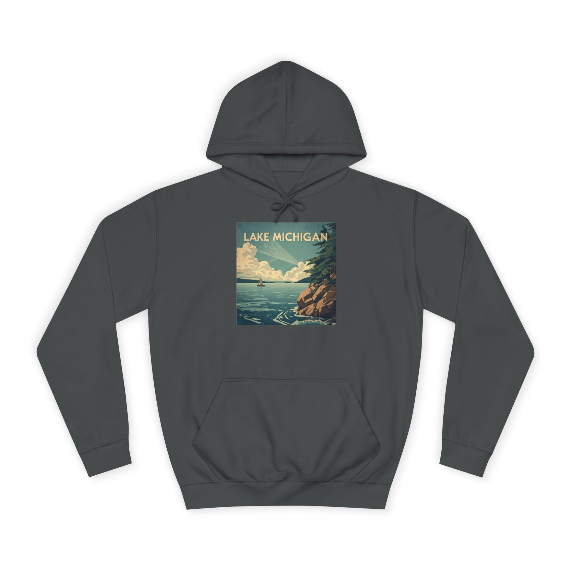 Steel gray hoodie with Lake Michigan graphic on a white background