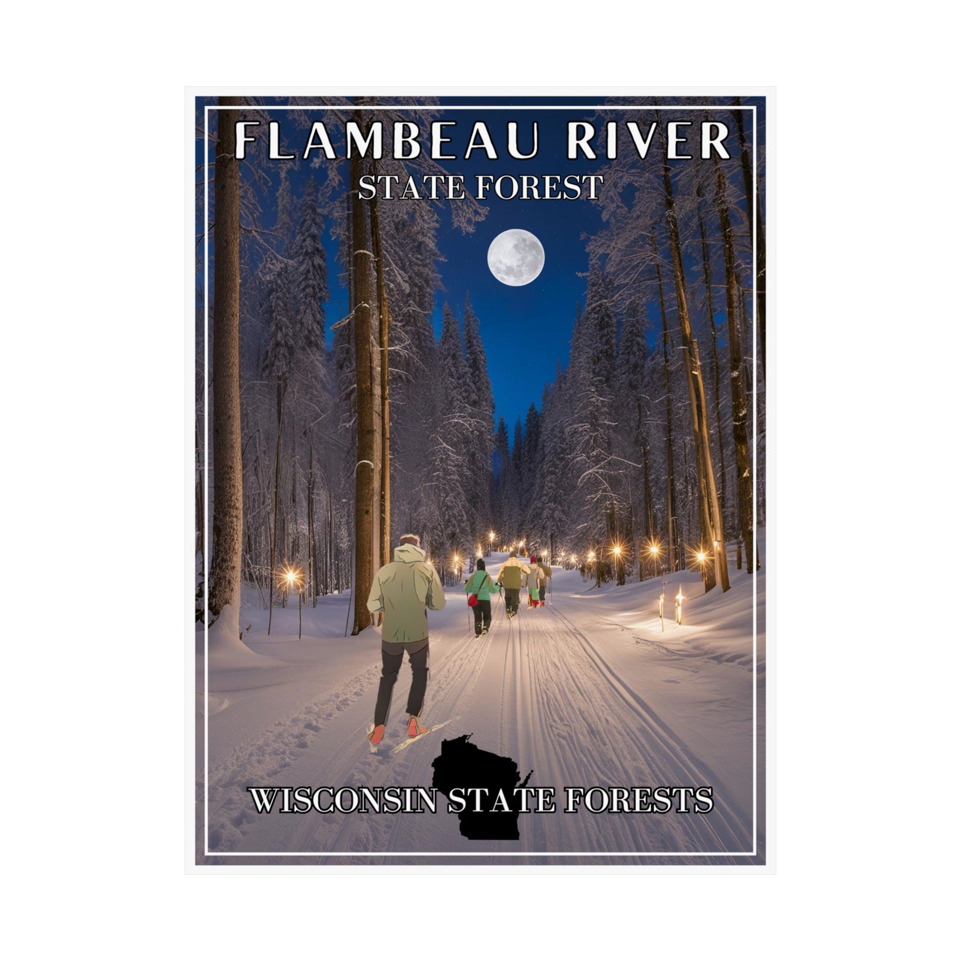 18x24” poster depicting a skier and snowshoers going down a candlelight trail through the woods and towering pines. 