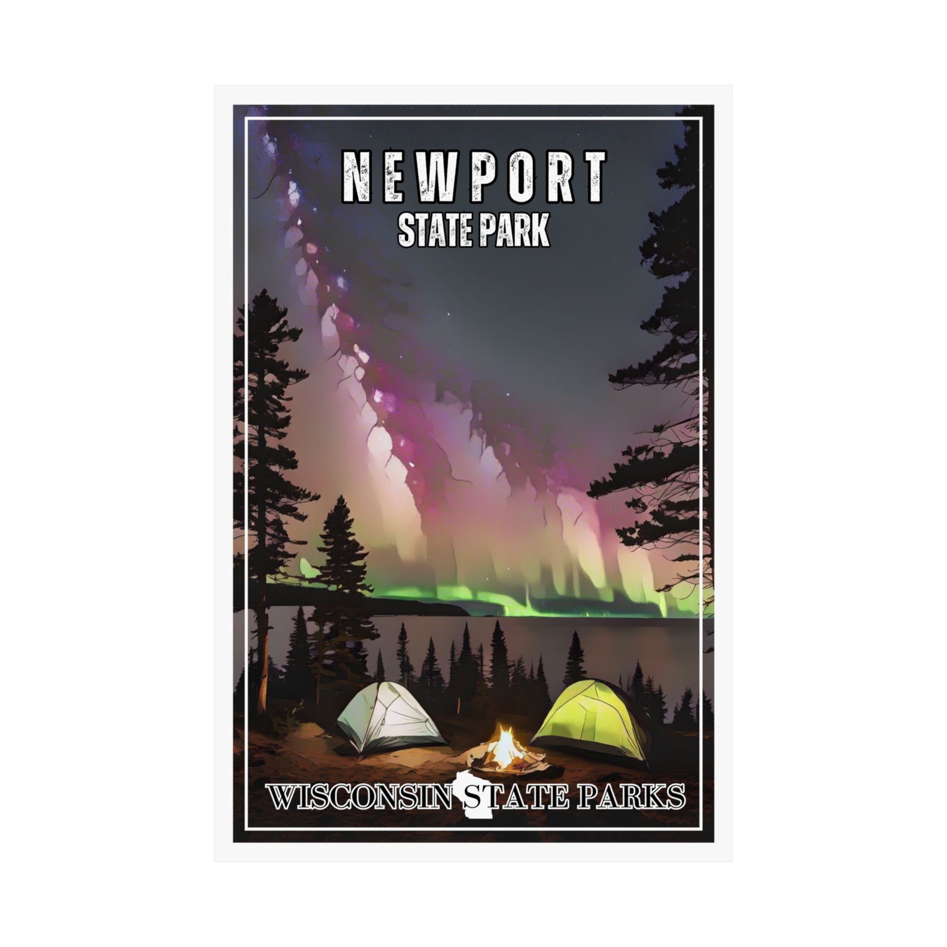 12x18” Poster depicting tents along a lakeshore and northern lights in the night sky.