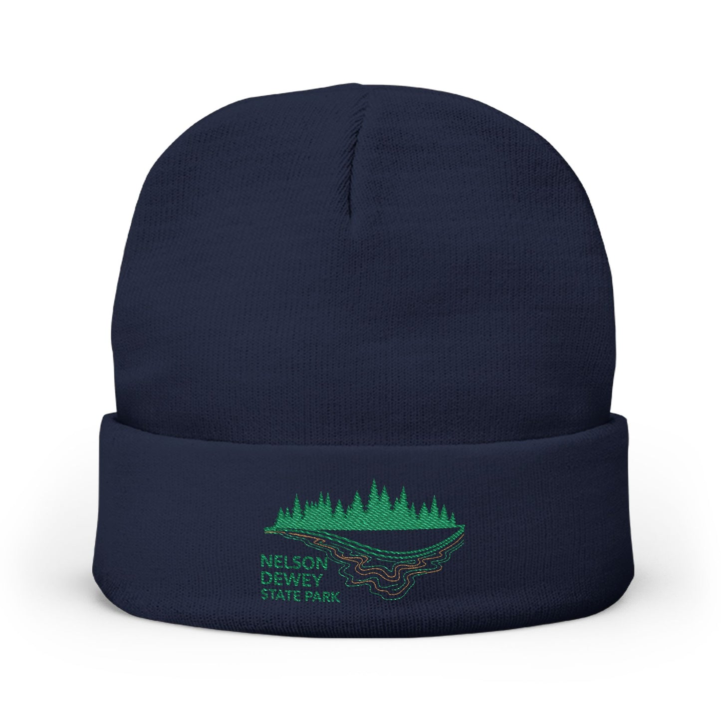 Navy blue beanie with green embroidered Nelson Dewey State Park design on a white background