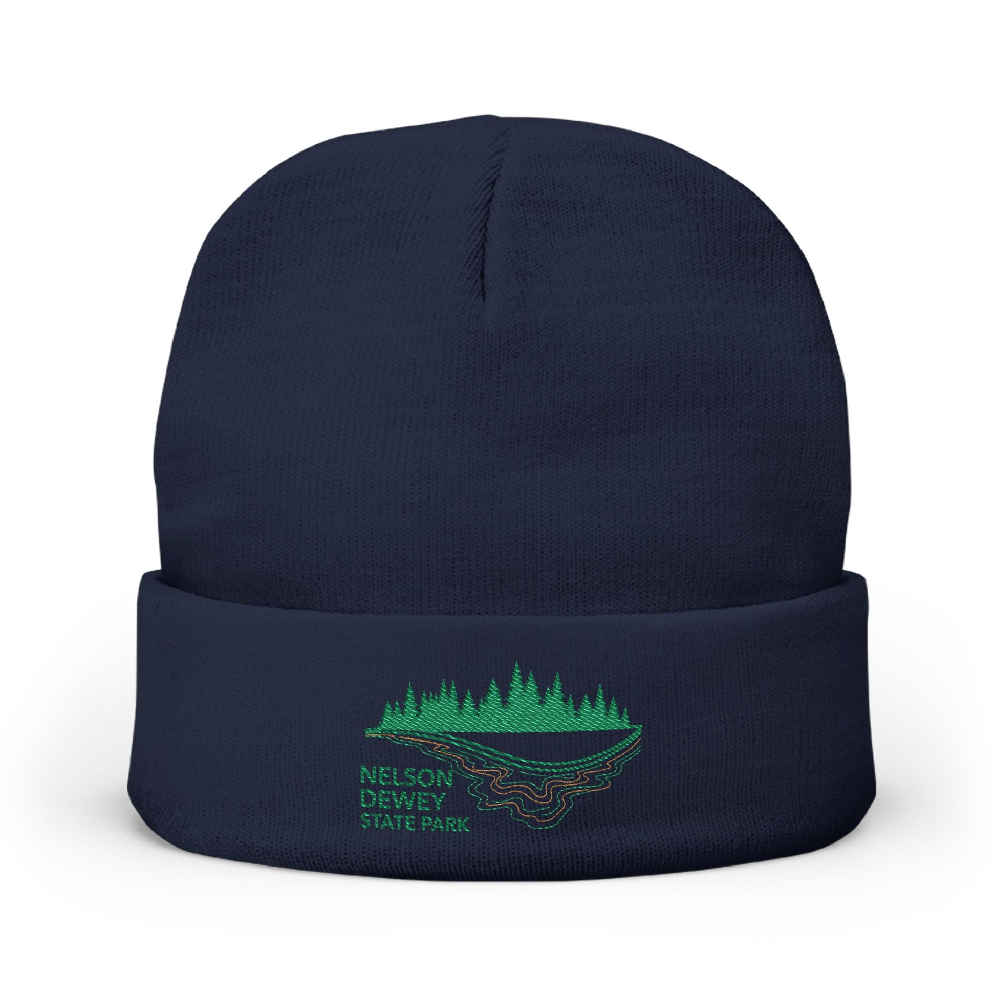 Navy blue beanie with green embroidered Nelson Dewey State Park design on a white background