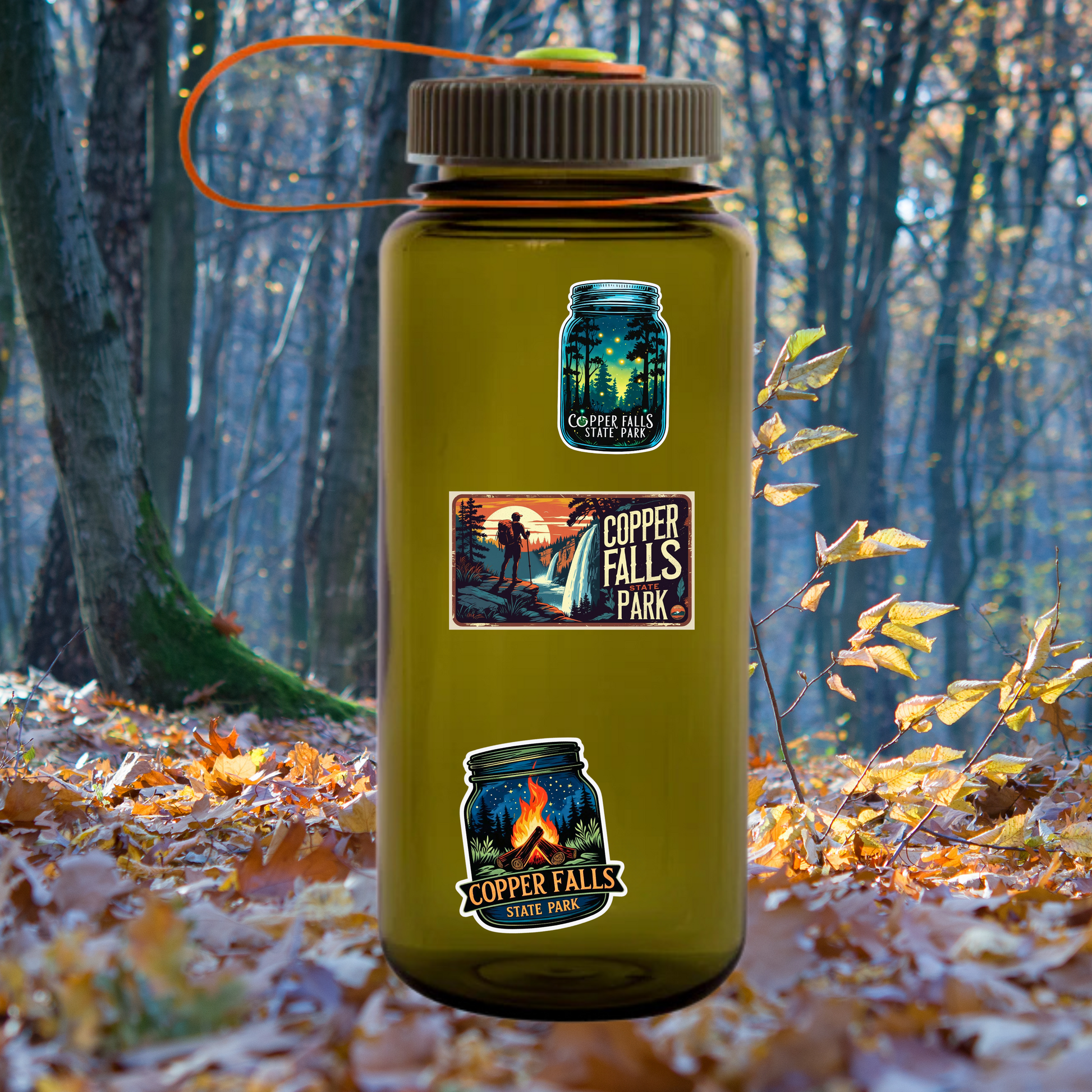 Nalgene bottle sitting on leaves in the woods with multiple miniature stickers affixed to it. 