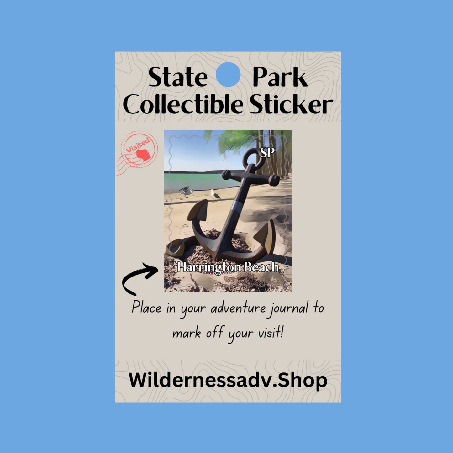 Sticker for Wisconsin State Park Adventure Journal depicting an anchor in the sand next to the water with sea gulls in the background.