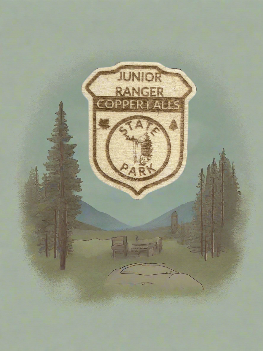 Wood badge shaped Junior Ranger Pin with Copper Falls Text and Waterfall symbol. 