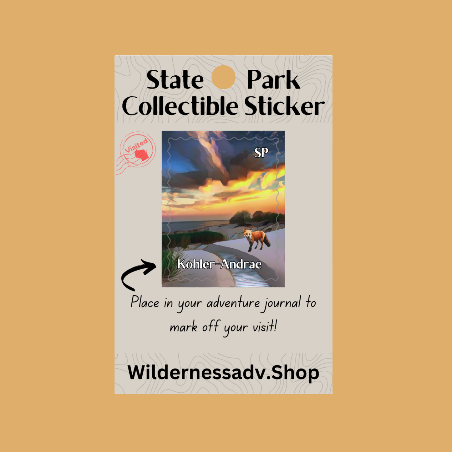 Sticker for Wisconsin State Park Adventure Journal depicting sand dunes at sunset with a red fox walking through them. 