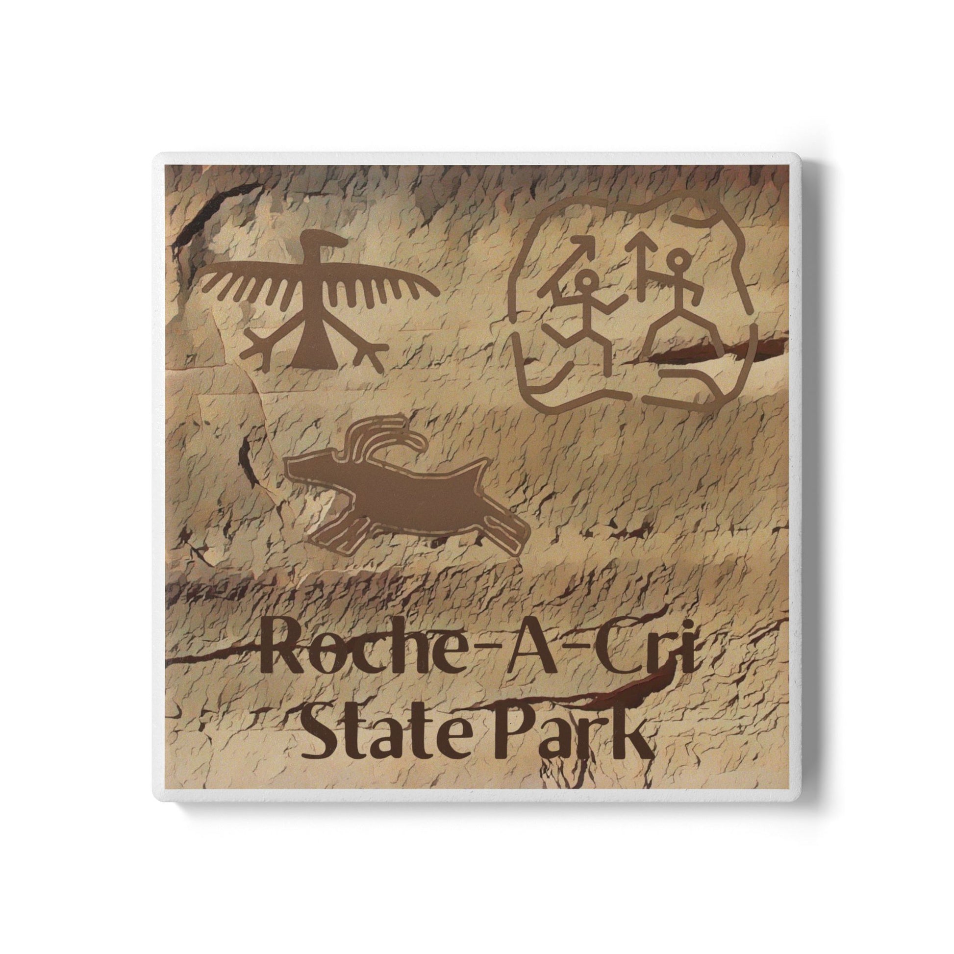 Ceramic Coaster featuring petroglyphs on sandstone design and the text “Roche-A-Cri State Park.