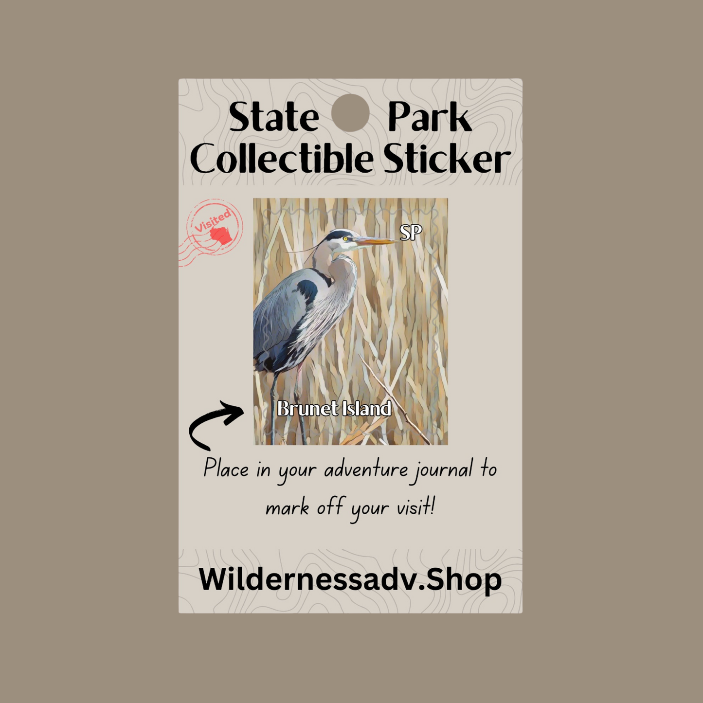 Sticker for Wisconsin State Park Adventure Journal depicting a Great Blue Heron standing amongst reed grasses.