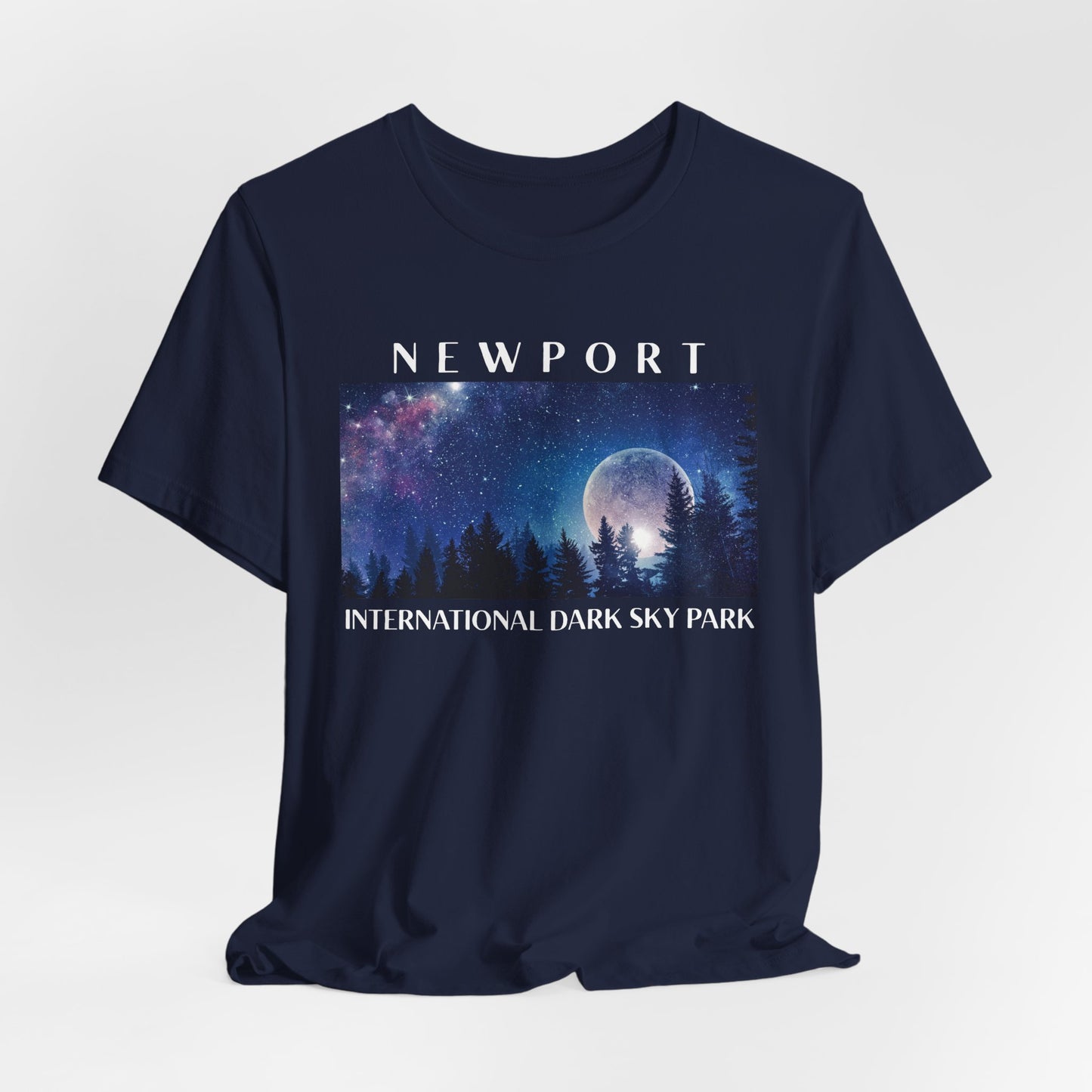 Navy blue t-shirt with 'Newport International Dark Sky Park' design on a white background
