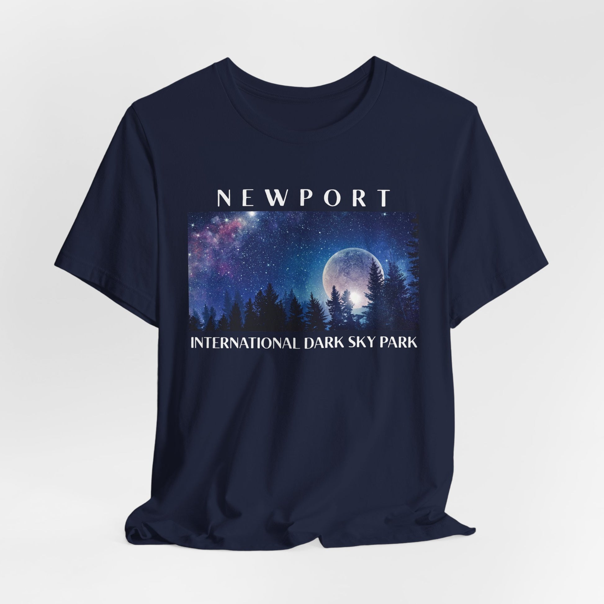 Navy blue t-shirt with 'Newport International Dark Sky Park' design on a white background