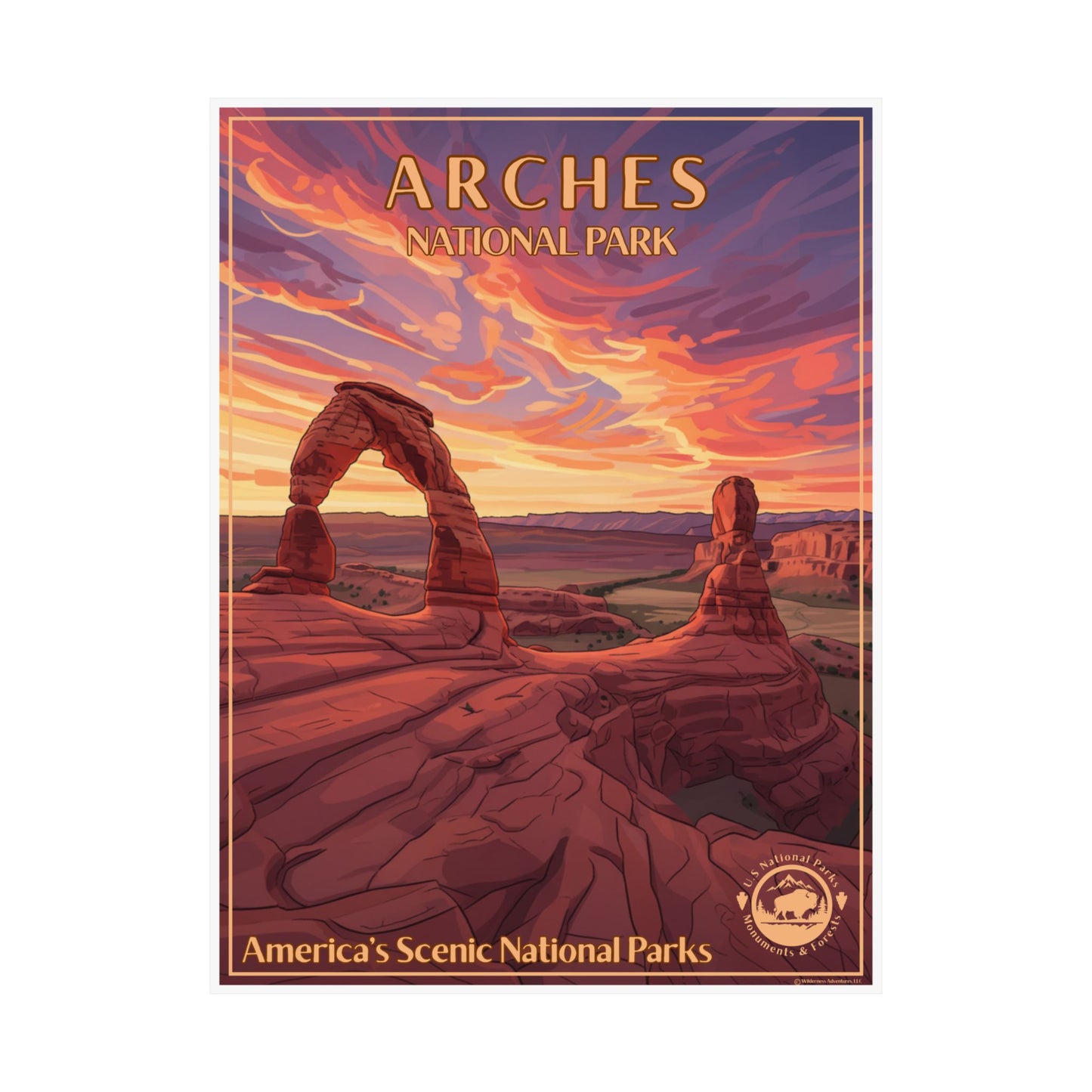 18x24” Poster of Arches National Park with a sunset over rock formations.