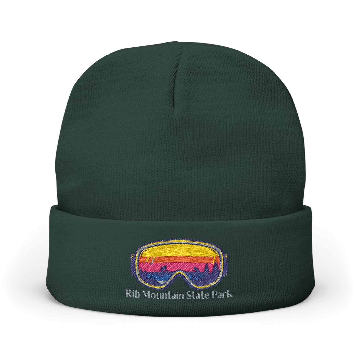 Dark green beanie with colorful goggles design and 'Rib Mountain State Park' text on a white background