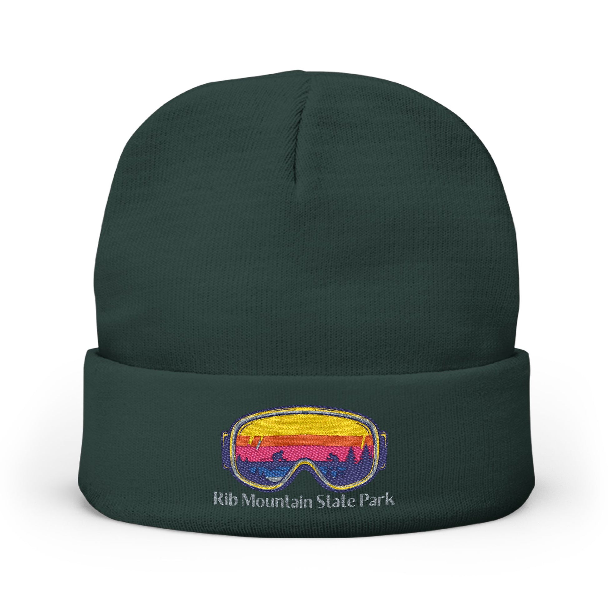 Dark green beanie with colorful goggles design and 'Rib Mountain State Park' text on a white background