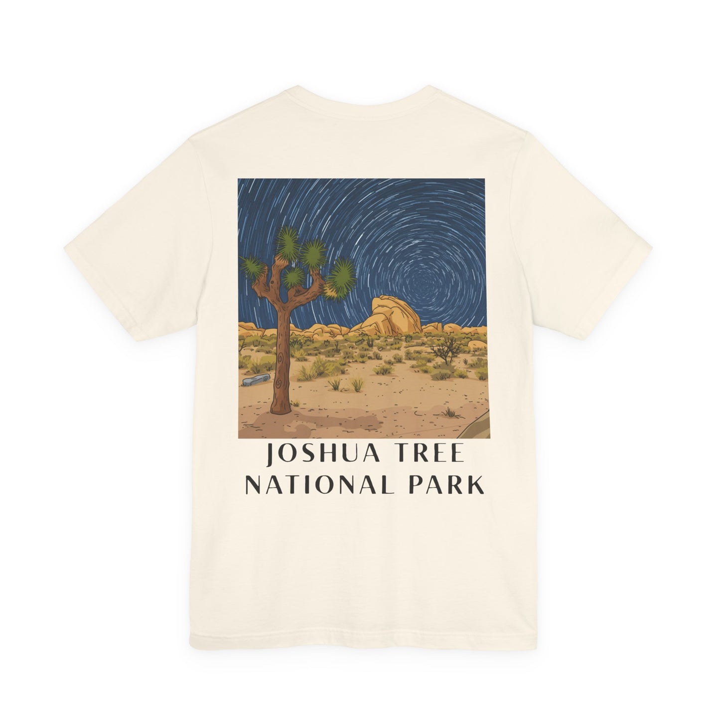 Beige t-shirt with a Joshua Tree National Park graphic on a white background
