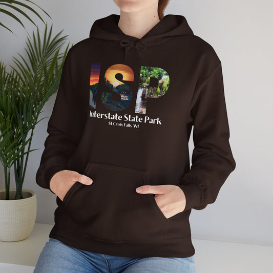 Female wearing a Dark Chocolate colored hoodie featuring a ISP logo design with artistic prints and the text: Interstate State Park - St Croix Falls, WI”.  