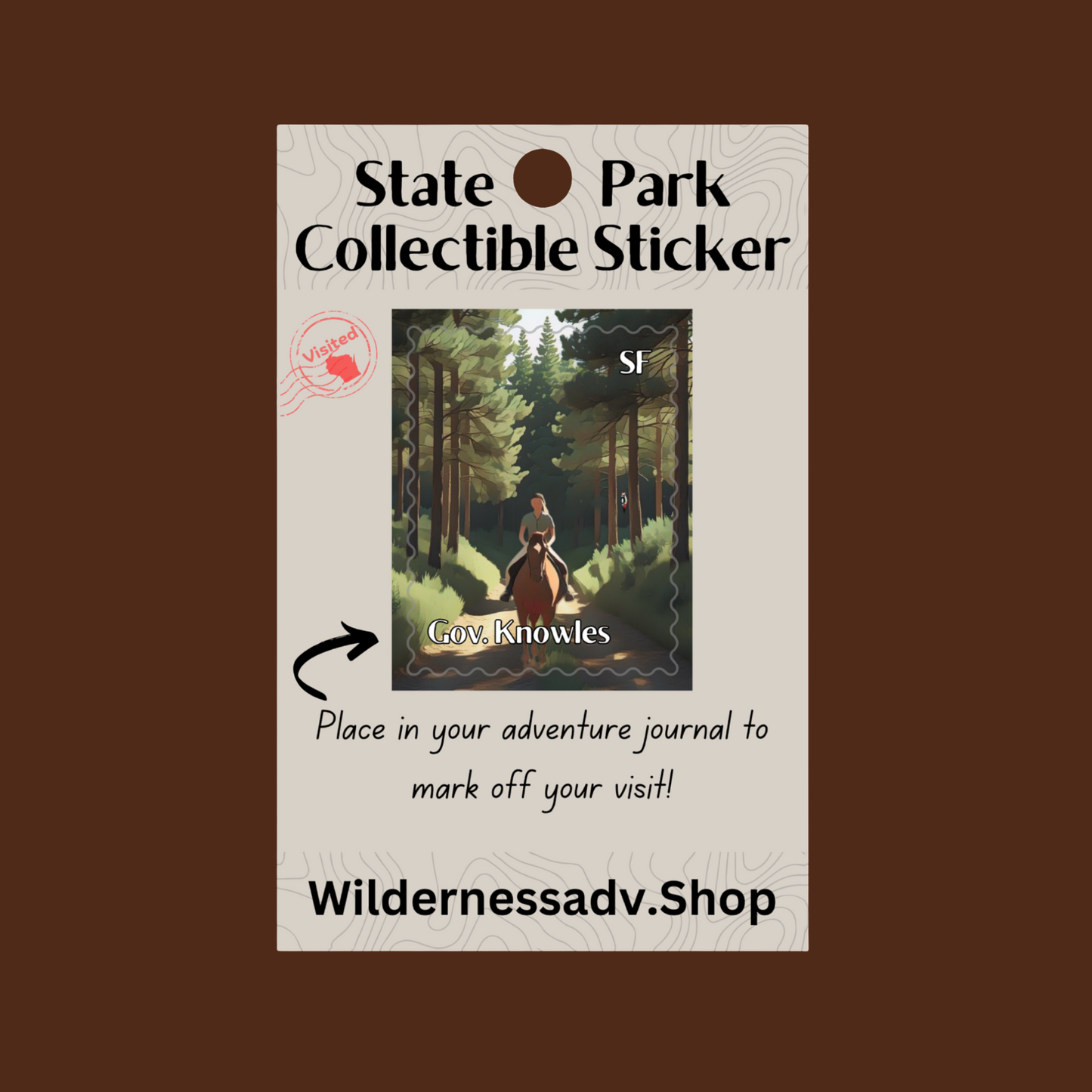 Sticker for Wisconsin State Park Adventure Journal depicting a person on horseback riding through the forest on a trail.