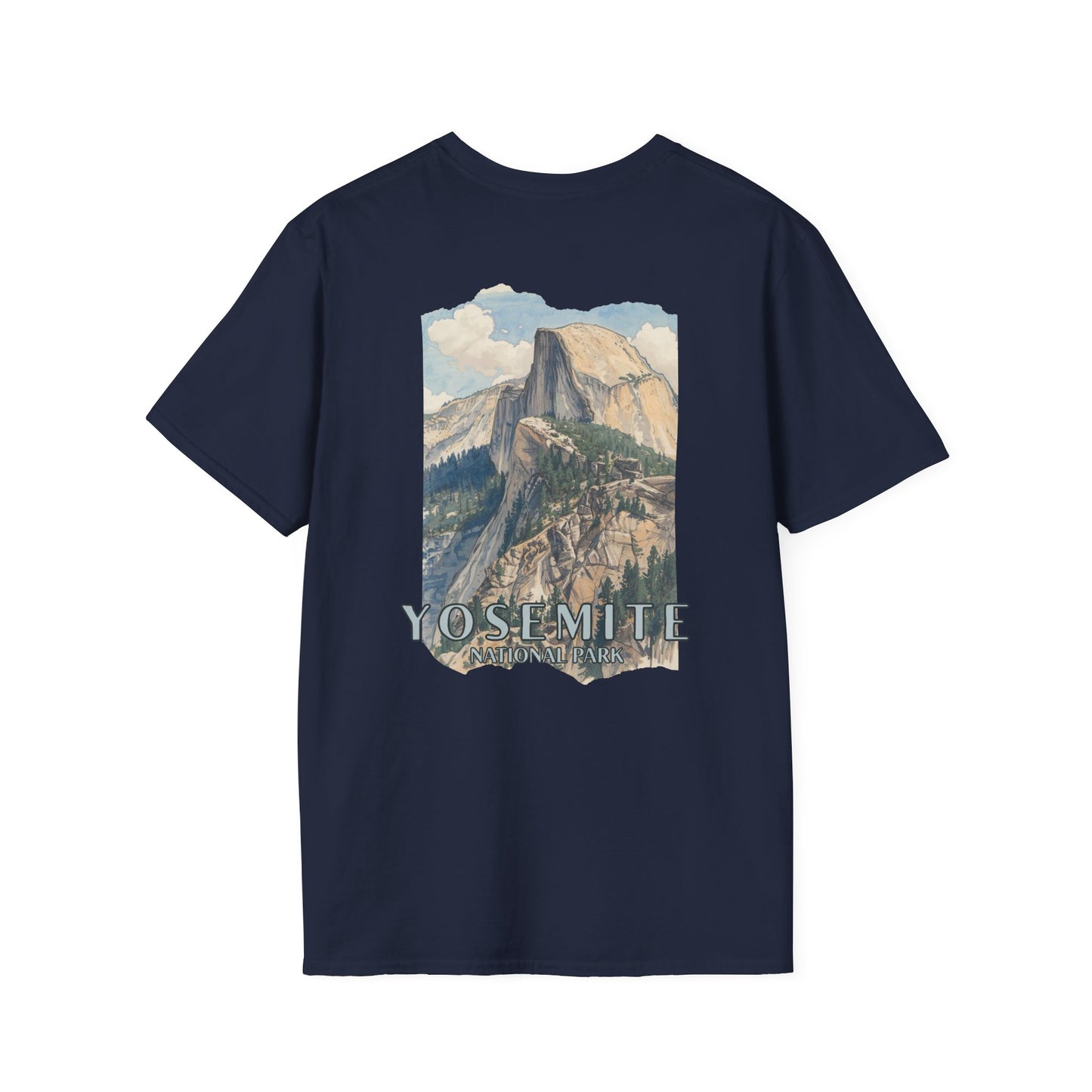 Navy blue t-shirt with Yosemite National Park graphic on a white background