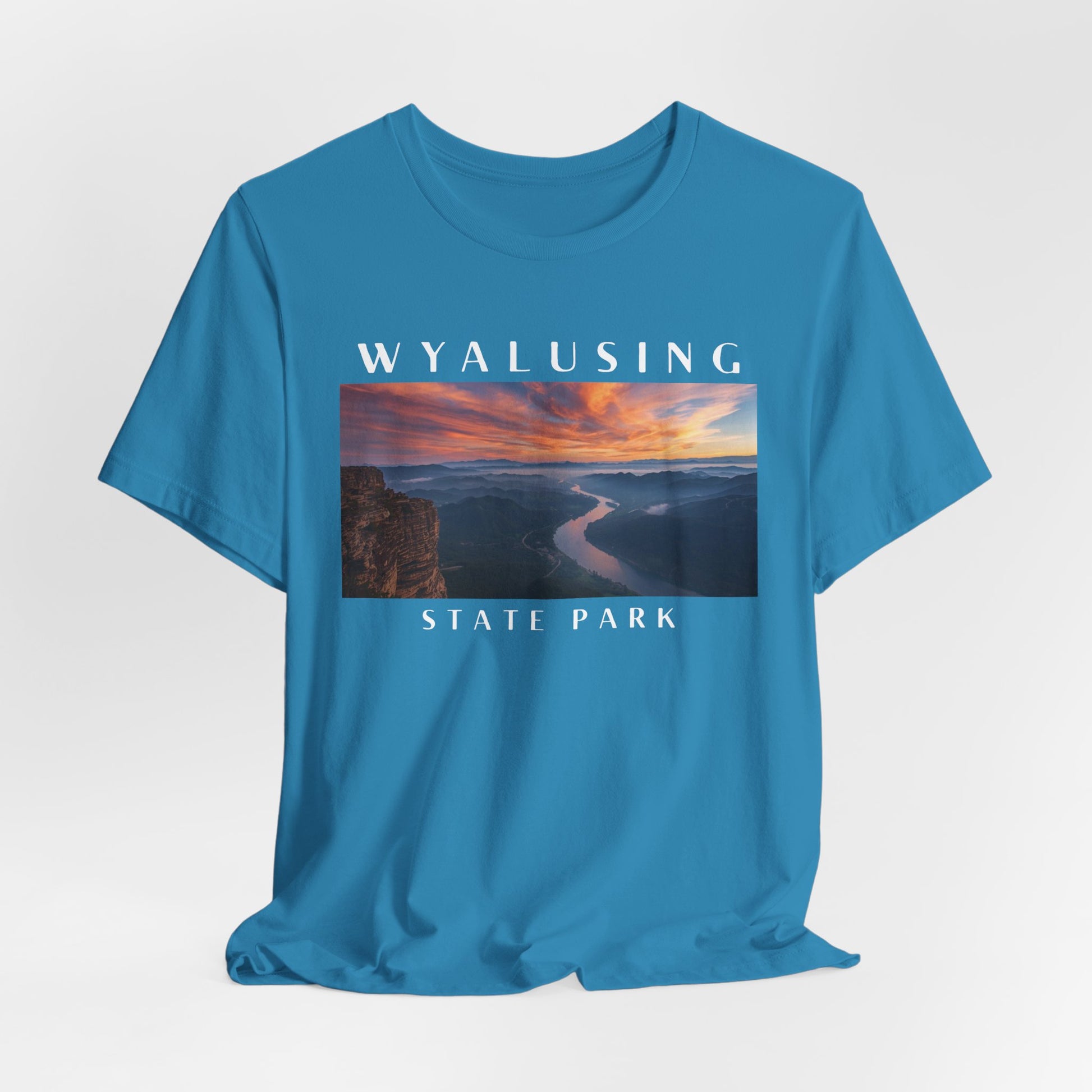 Aqua t-shirt with Wyalusing State Park graphic on a white background