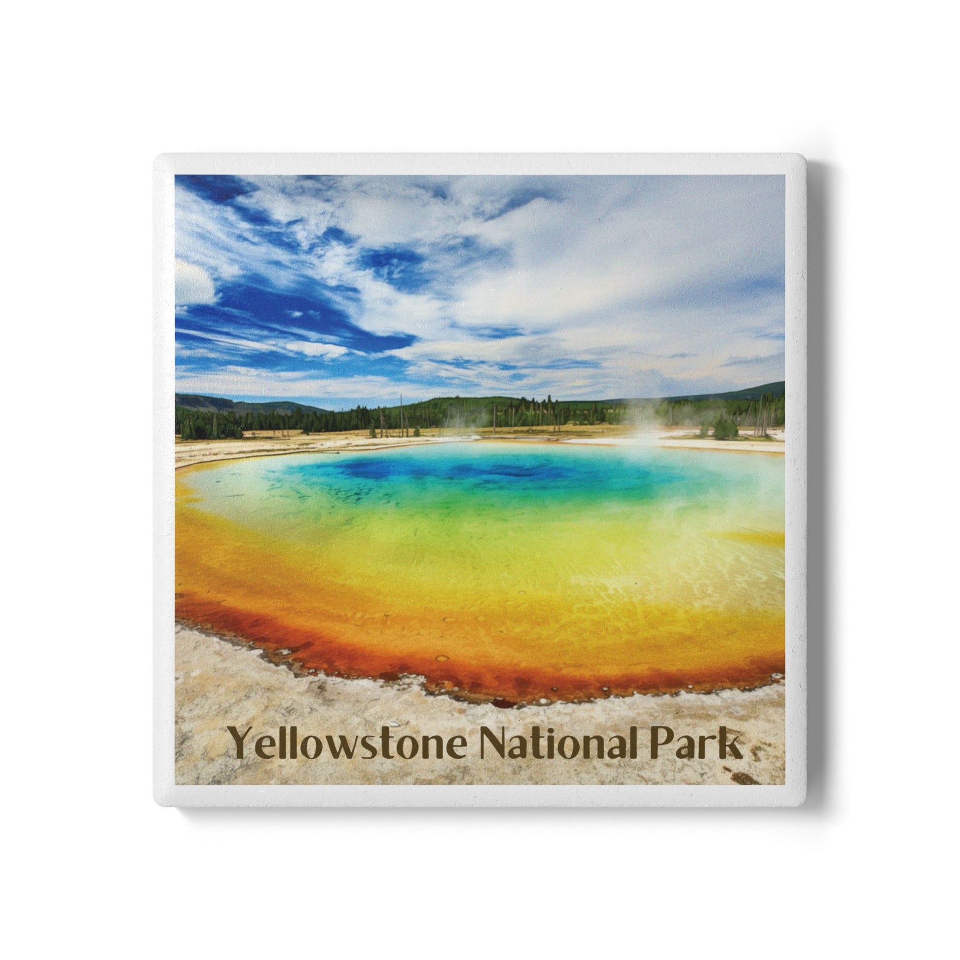 Ceramic coaster with Colorful hot spring with 'Yellowstone National Park' text on a white background