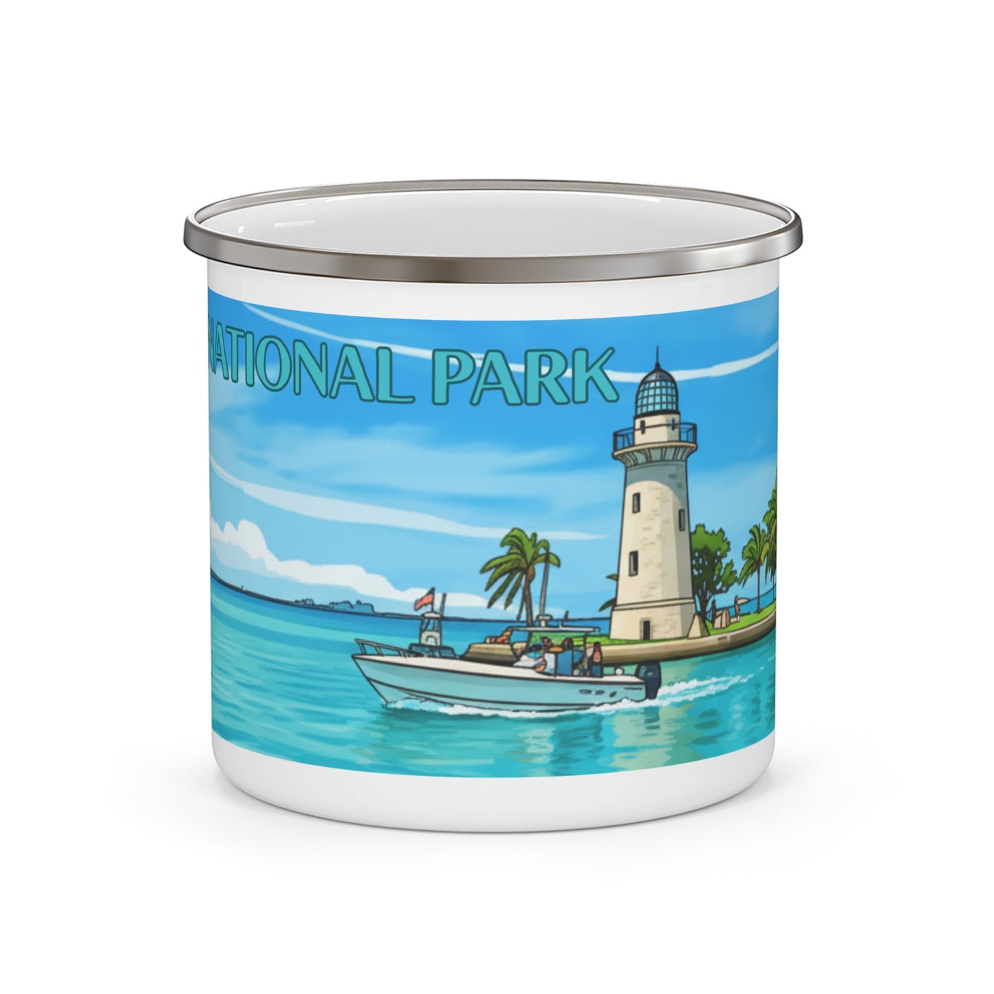Enamel mug with a lighthouse and boat design on a blue background, with the text 'Biscayne National Park'.